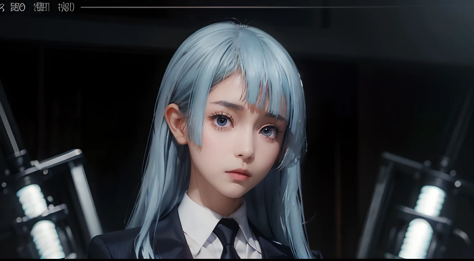 Miwa, black suit, long sleeve, black tie, light blue hair, long hair, asymmetric bangs, extremely beautiful face, exquisite face, seductive look, upper body, ((solo)), 1woman, film grain