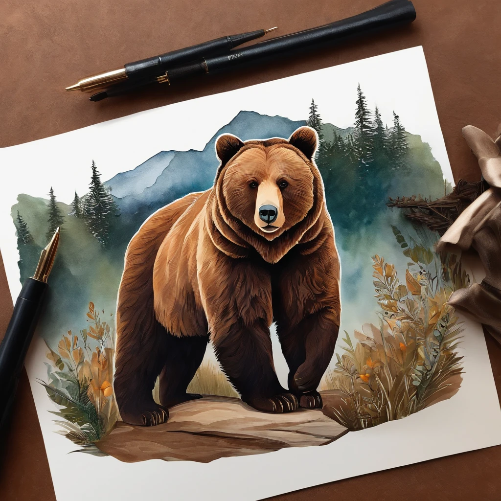 Clip-art de um urso marrom fofo desenhado em aquarela
