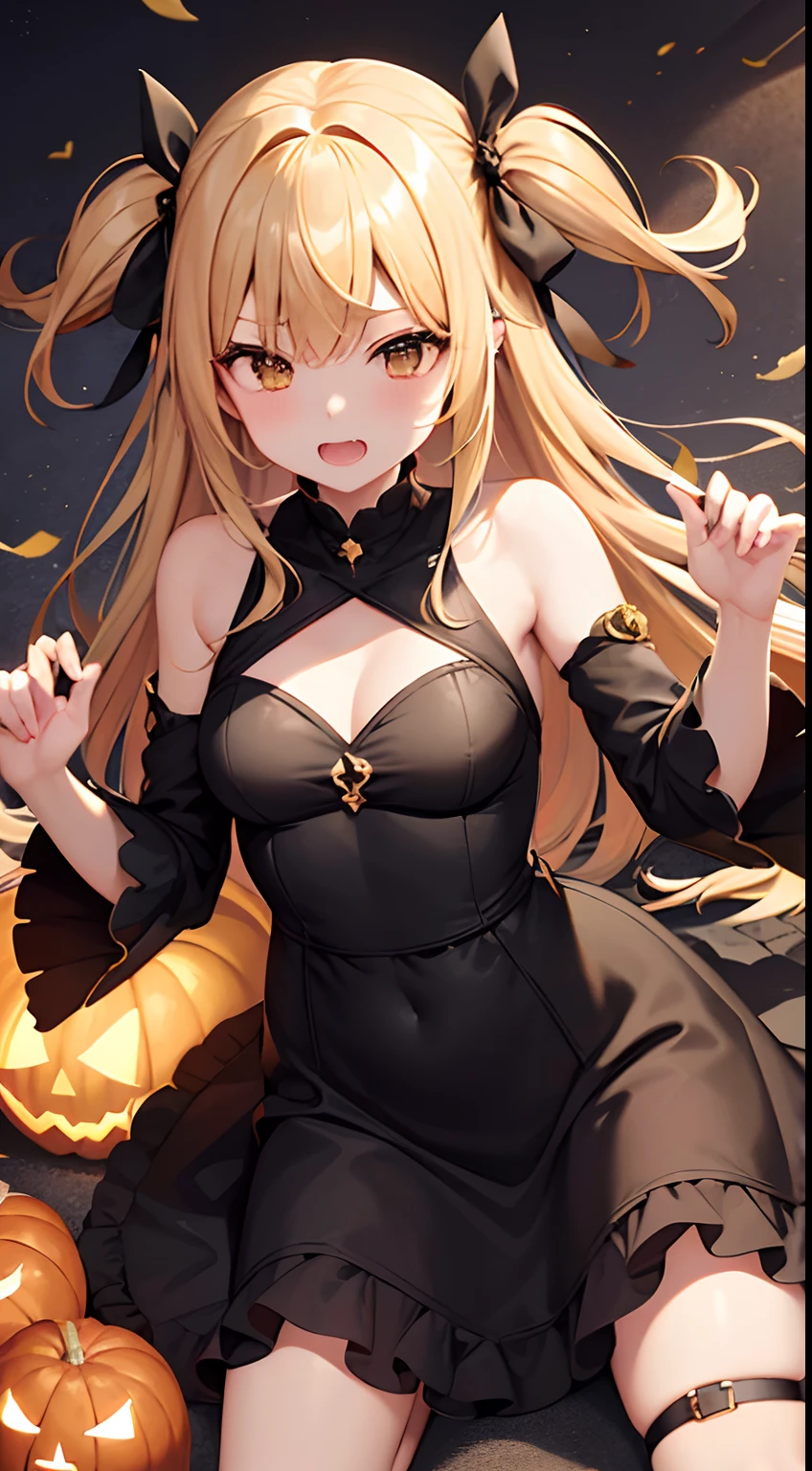 hight resolution、hightquality、ultra-detailliert、8k wallpaper、1人の女性、adult-like、Beautiful fece、Wearing a shark costume、Teeth are shark fangs、Kamimei、Melancholy is in the air、Lovers feeling、Be loved、Familiarity、Gold and black dress、Gold and black background、a blond、Sprinkled with Halloween pumpkins、opulent、Less exposure