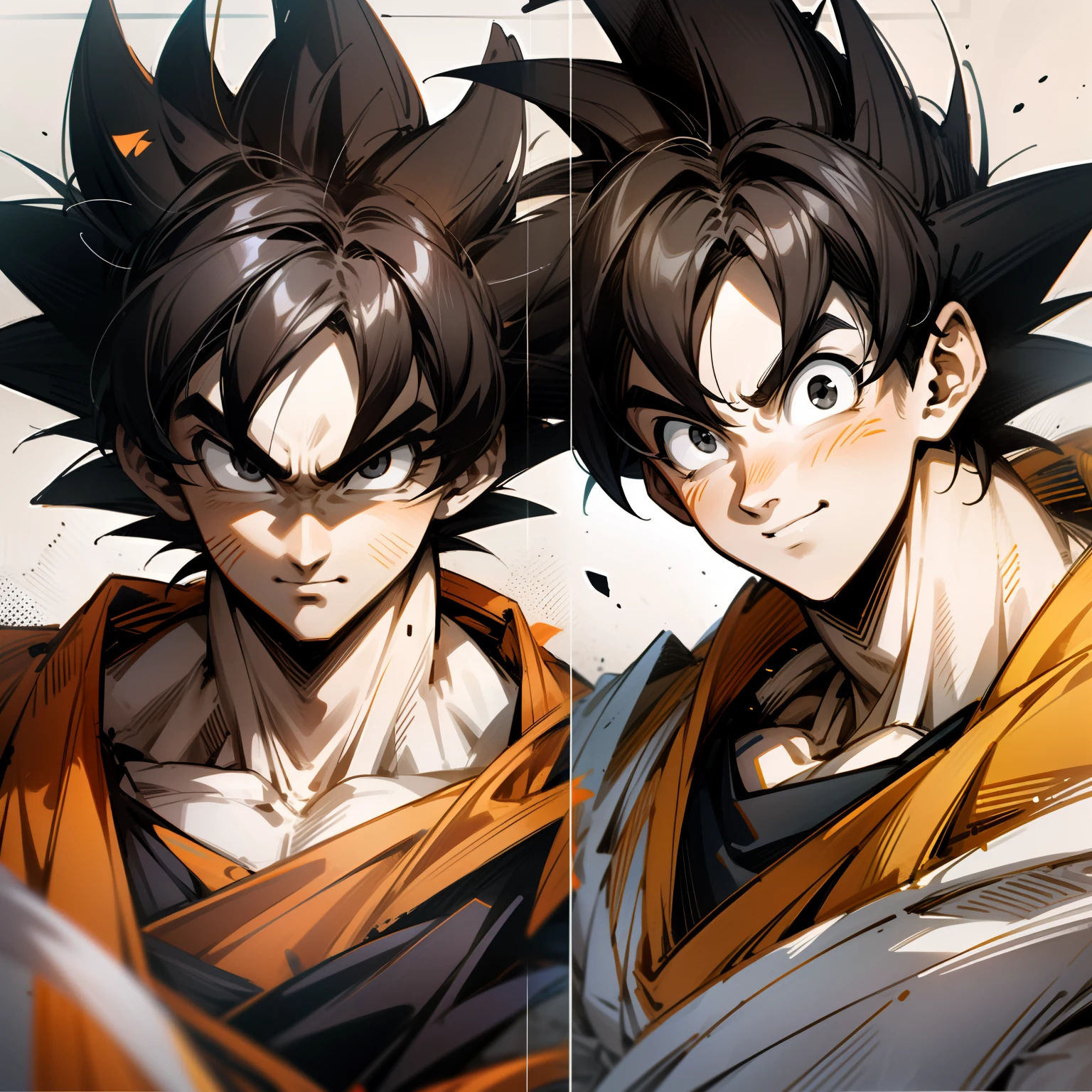 front view,goku faces the viewer,full face, son goku from dragon ball z,black hair,black eyes,happy mood,resting face,face view,masterpiece,8k resolution,ultra detail,soft shading,soft light