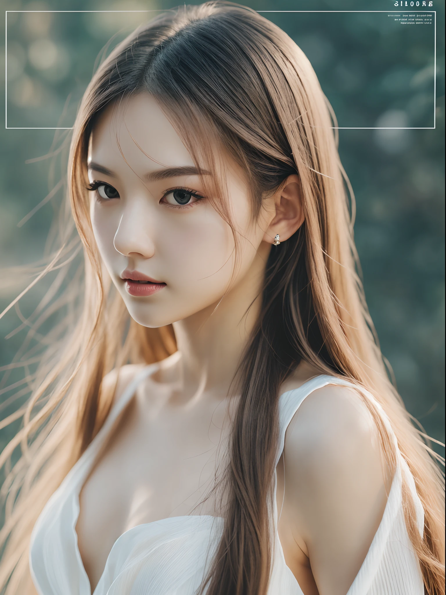 Magazine cover,.beautiful long hair woman,simple and elegant style, white elegant clothing,solid color,precise and realistic,soft shadows,soft focus portrait.photography style --auto --s2