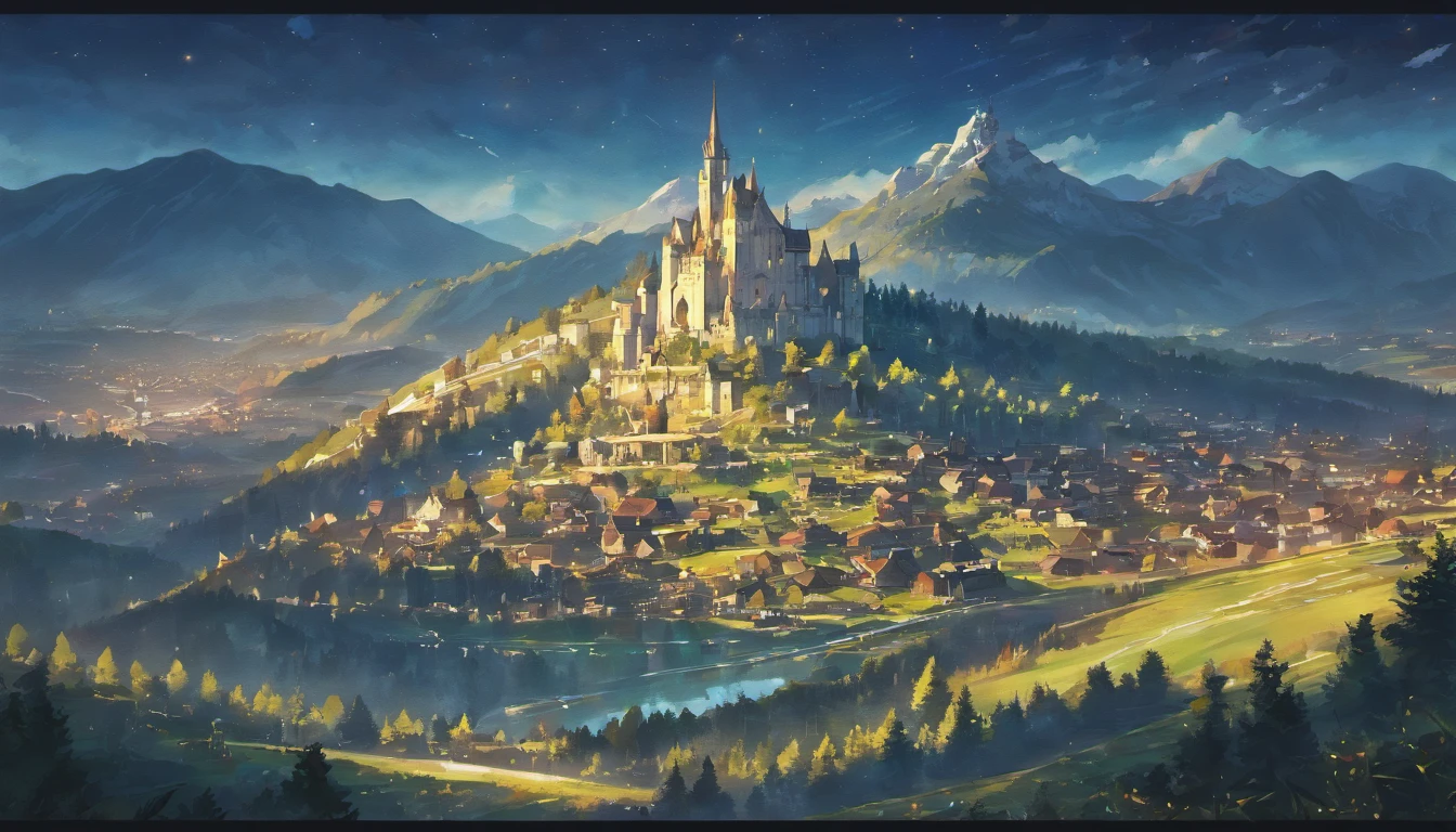 (La mejor calidad,4k,8k,Altas Resoluciones,Obra maestra:1.2),Paisaje invernal,Alpes suizos,Small village from medieval European times,Pinos,Luna llena iluminando el pueblo, estrellas visibles en el cielo, nubes reboloteando, un lago congelado.
