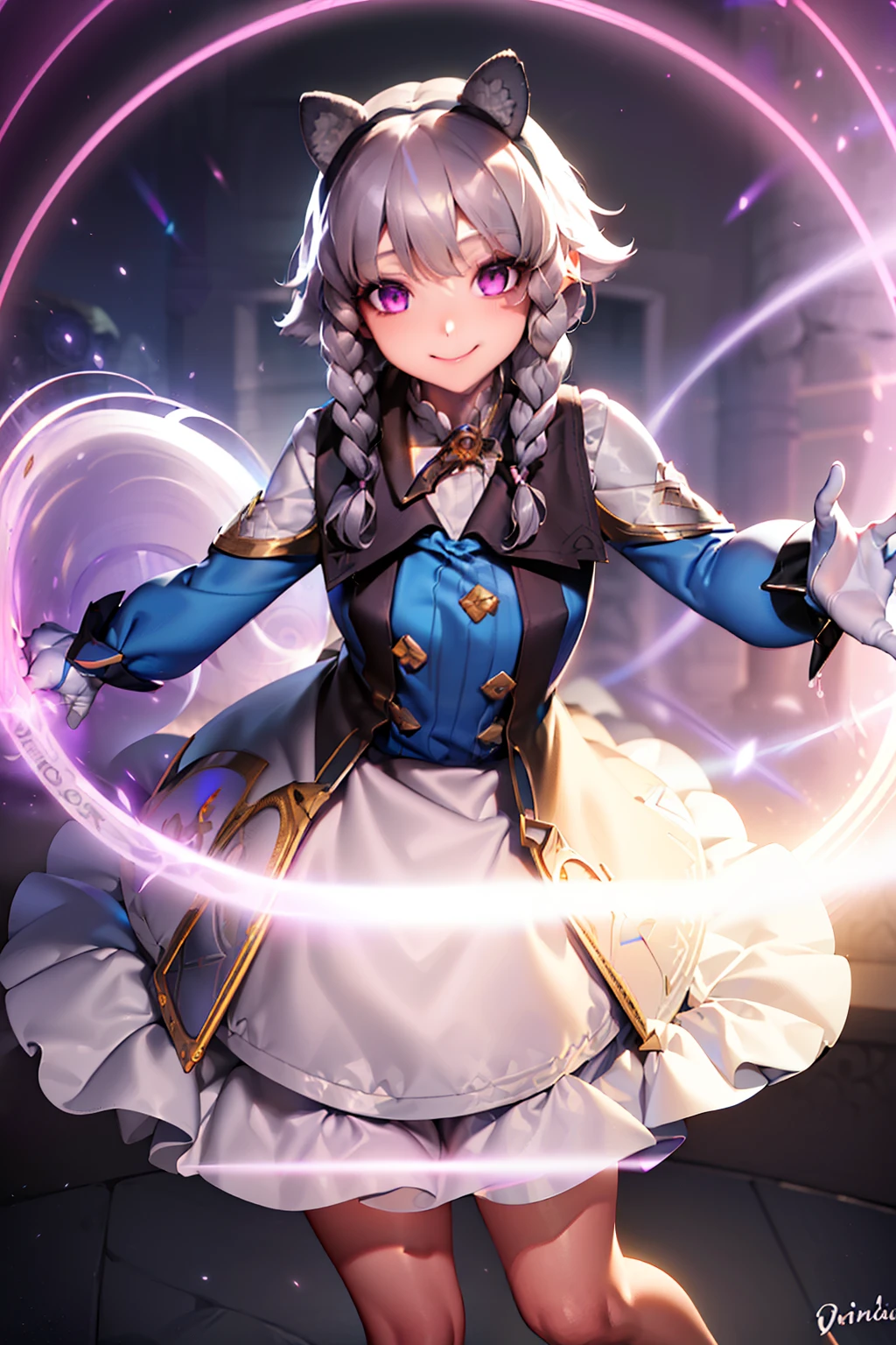 (masterpiece, best quality:1.2), ishar, defaultTP, purple eyes, twin braids, animal ears, white gloves, grey hair, brown skirt, looking at viewer, smile, glowing light, magic circle on behind, midnight, bloom, ambient occlusion