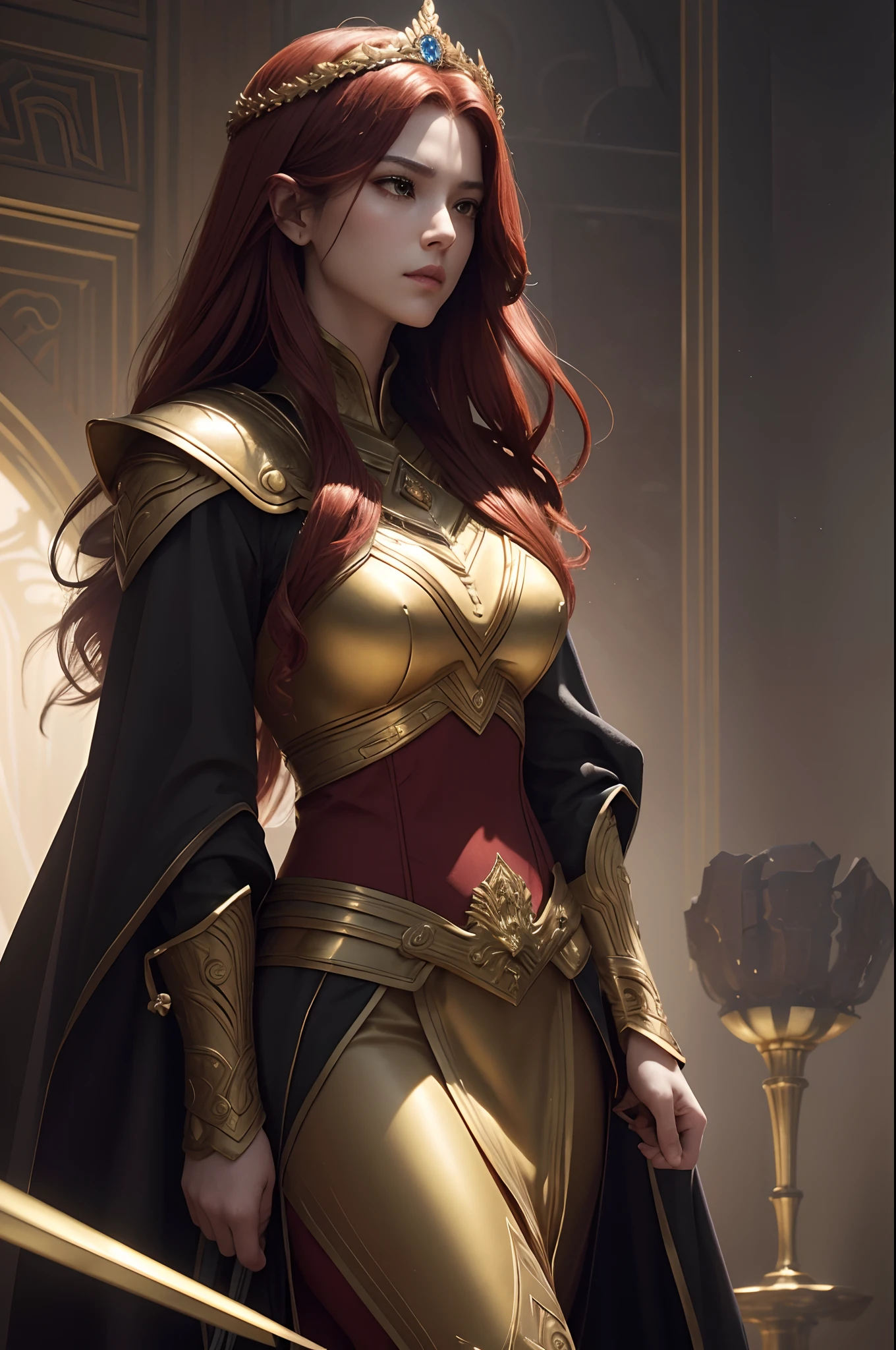 Gold and red tones、Fantasia、Babylonia、the wind、Heroic figures on the battlefield、Best Quality, Very high resolution, 4K Detail CG, ​master piece、aesthetics、Mysterious、Queen of Thrones、Charisma、Ishtar, Goddess of War、Increase your fighting spirit、Invincible Great General、Be brave and bold、brave、great、rigor、Awe-inspiring Hall々、glorias、Prestige、Veteran Hero、An unparalleled beauty with a sharp gaze、Rin々Right、Guardians of Lions、refinement、noble、Proud、Wearing noble jewelry、Equip your weapons、The appearance is luxurious and golden armor、cloaks、tall and slender、Long hair with fiery red hair、thirds rule、Perfect Angle、perfect-composition、low angles、Perfect light and shadow contrast、(((​masterpiece)))、(((top-quality)))、((ultra-definition))、(High Definition CG Illustration)、((extremely delicate and beautiful))、Cinematic Light、）