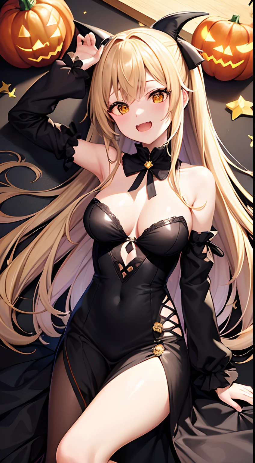 hight resolution、hightquality、ultra-detailliert、8k wallpaper、1人の女性、adult-like、Beautiful fece、Shark costume、Teeth are shark fangs、Kamimei、Melancholy is in the air、Lovers feeling、Be loved、Familiarity、Gold and black dress、Gold and black background、a blond、Sprinkled with Halloween pumpkins、opulent