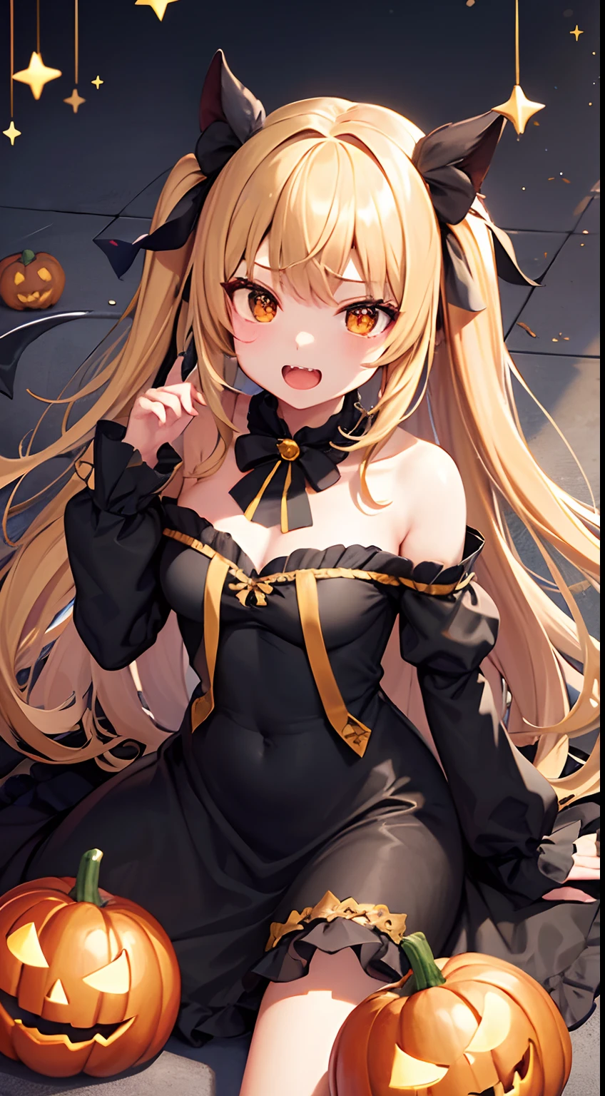 hight resolution、hightquality、ultra-detailliert、8k wallpaper、1人の女性、adult-like、Beautiful fece、Shark costume、Teeth are shark fangs、Kamimei、Melancholy is in the air、Lovers feeling、Be loved、Familiarity、Gold and black dress、Gold and black background、a blond、Sprinkled with Halloween pumpkins、opulent
