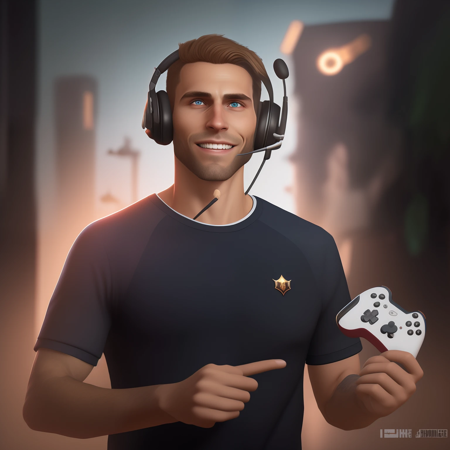 Homem usando fones de ouvido segurando um controle e apontando para ele, promotional render, videogame render, Commission for High Res, segurando um par de ventiladores. irreal 5, Streamer do Twitch / Jogador Ludwig, foto de perfil 1024px, usando fone de ouvido para jogos, 8k portrait render, 3 d render de jerma 9 8 5, Official Drompt fan art want it blonde