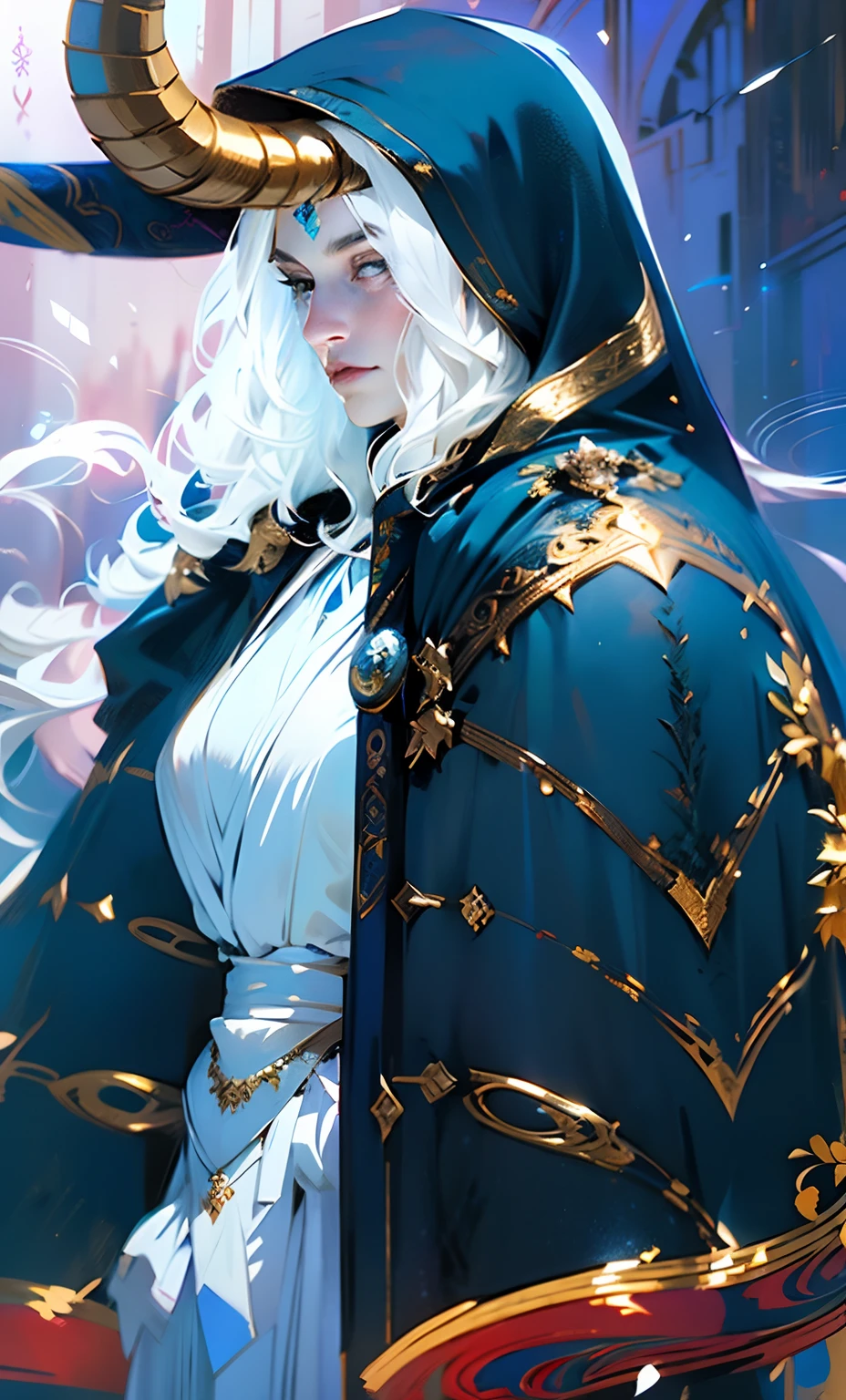 there is a woman with a horned head and a blue cape, white haired deity, flowing cape, cloak. extremely high details, beautiful androgynous prince, delicate androgynous prince, ((wearing aristocrat robe)), inspired by Li Chevalier, white cloak, wearing a flowing cloak, in a cloak with long hairs, handsome guy in demon slayer art