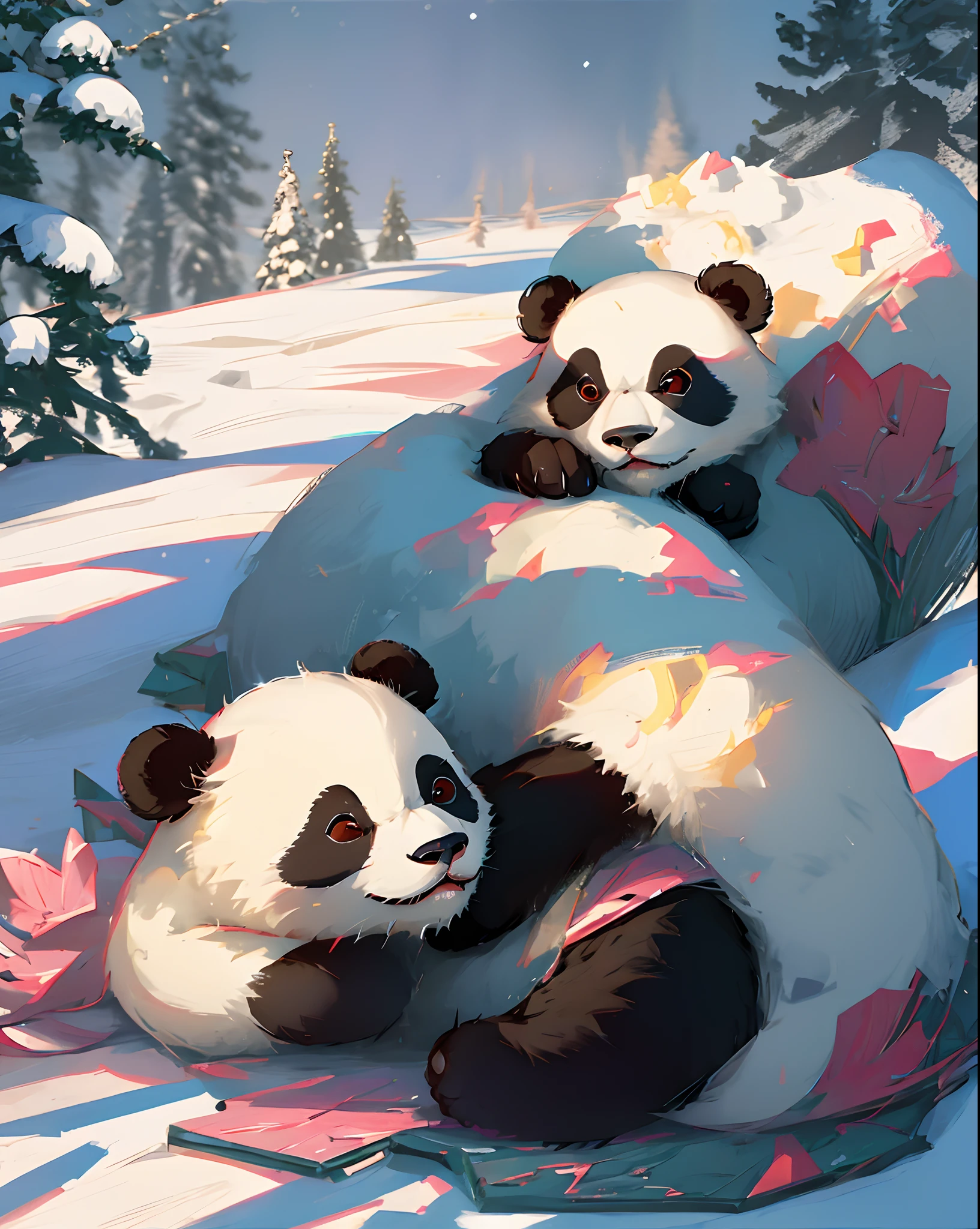 Please help design a Christmas panda,chubbiness、Lazy and cute look。She has two good friends,A lilac Shiba Inu、A pale pink bunny。Hope to generate a series of 7-9 dynamic expression packs