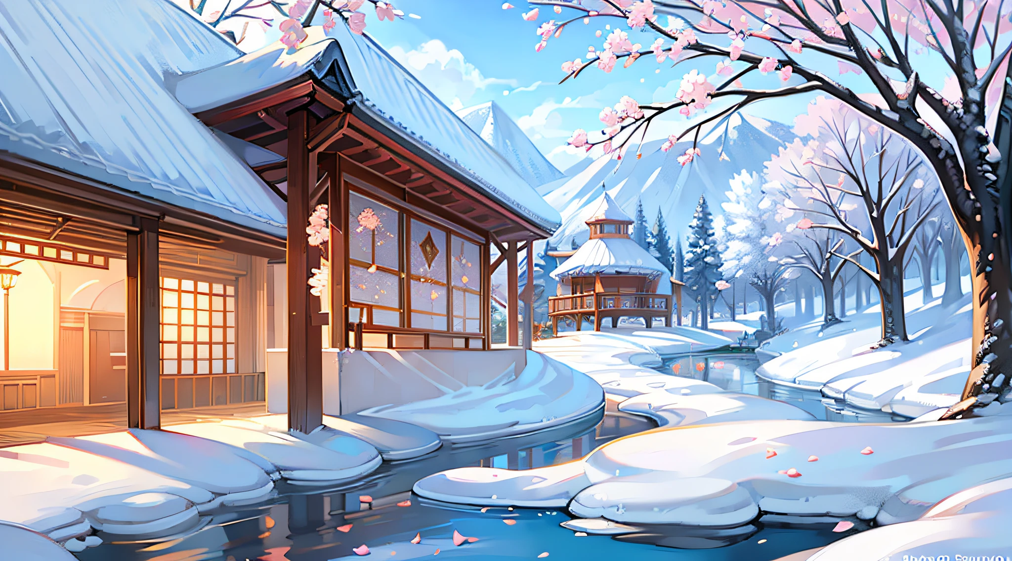 Peach blossom tree，rios，gazebo，falling flower petals，clear blue skies，Petals fall on the surface of the river，snow covered