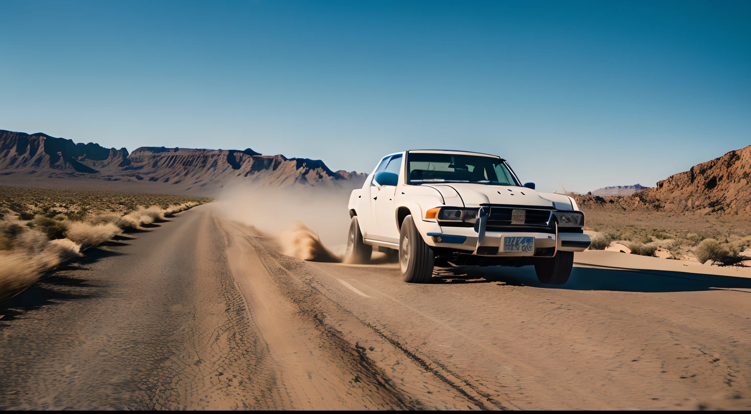 Blue skies,The road above the desert,In the distance is the desert,Barren meadows nearby,A black and blue sports car sped away, Splashing dust,The wheels spin quickly,Strong sense of perspective,Strong contrast,Strong reflexes,Authentic photography,