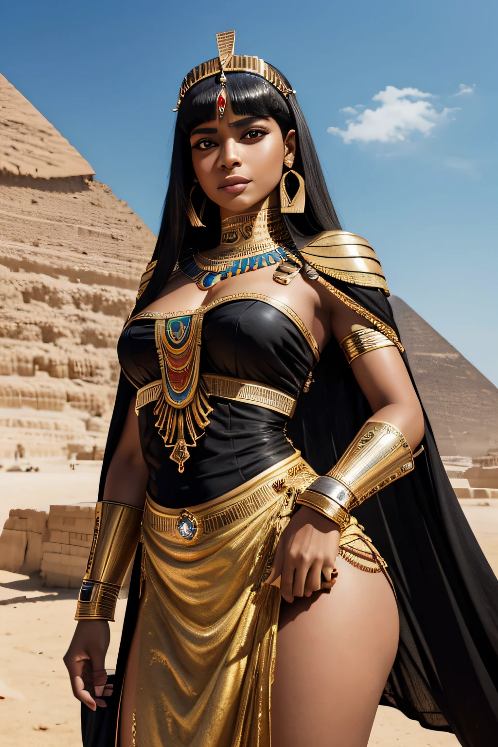retrato , Cleopatra's beautiful, negra, corpo inteiro, guerreira, Egyptian head adornment, cabelos curto tipo channel, ombros mostrando, vestido transparente, Western-looking woman, , Mulher bonita em primeiro plano, Sphinx and pyramids in the background, Beautiful woman looks at the camera,
