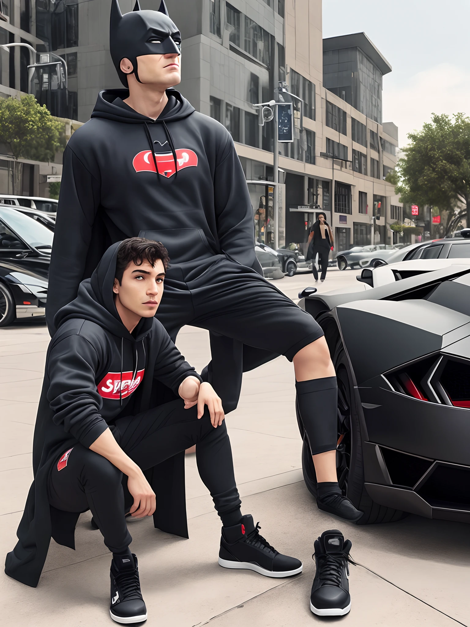 Batman wearing a supreme hoodie and Jordan 4s while sitting on his Lamborghini with a straight face