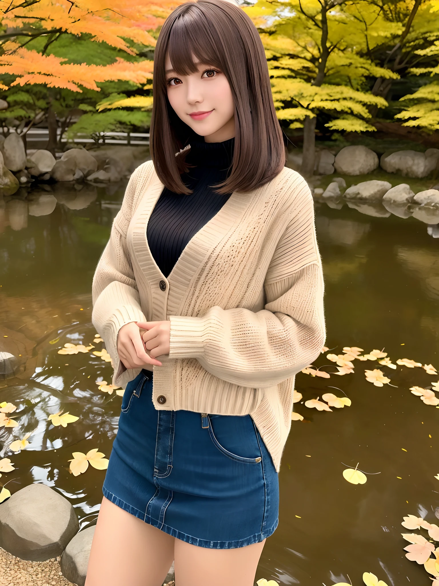 mastepiece, 1 girl per 1 photo, cowboy shot, front view, a Japanese young pretty girl, long bob hair, standing by a pond along the colorful autumn leaves in Japan, a big smile, wearing a dark brown knitted cardigan over a white turtleneck sweater, wearing jeans skirt, wearing black leather long boots, hyper cute face, glossy lips, double eyelids for both eyes, natural makeup, shiny smooth light brown hair of long bob hair, asymmetrical bangs, high resolution, high detail, detailed hairstyle, detailed face, cinematic lighting, octane rendering, hyper realistic, perfect limbs, perfect anatomy