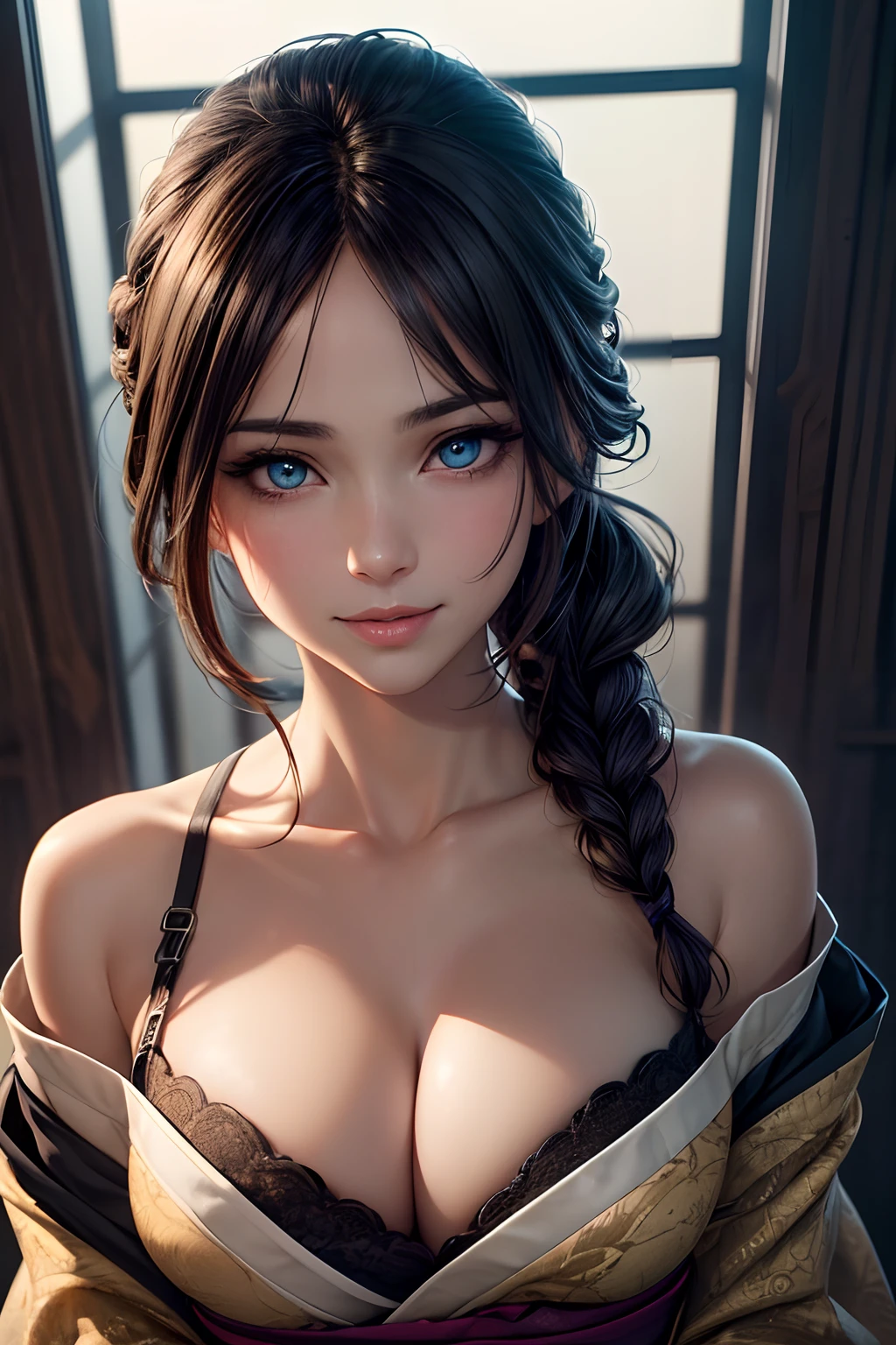 A beautiful flirtatiously smiling woman, a very busty ronin wearing gold lace kimono, Meiji restoration, blue eyes, yojimbo, cleavage, bare shoulders, HD, UHD, WLOP, Artgerm, French braid hairstyle, a view from the side and above, large anime eyes, realistic eyes, highly detailed eyes, natural skin, natural skin texture, subsurface scattering, muted colors, skin pores, perfect face, perfect eyes, perfect full lips, supple female form, vivid, cinematic, Film light, Hyper detailed, Hyper-realistic, masterpiece, atmospheric, High resolution, Vibrant, High contrast, dark angle, 8k, HDR, 500px, Art by Redjuice