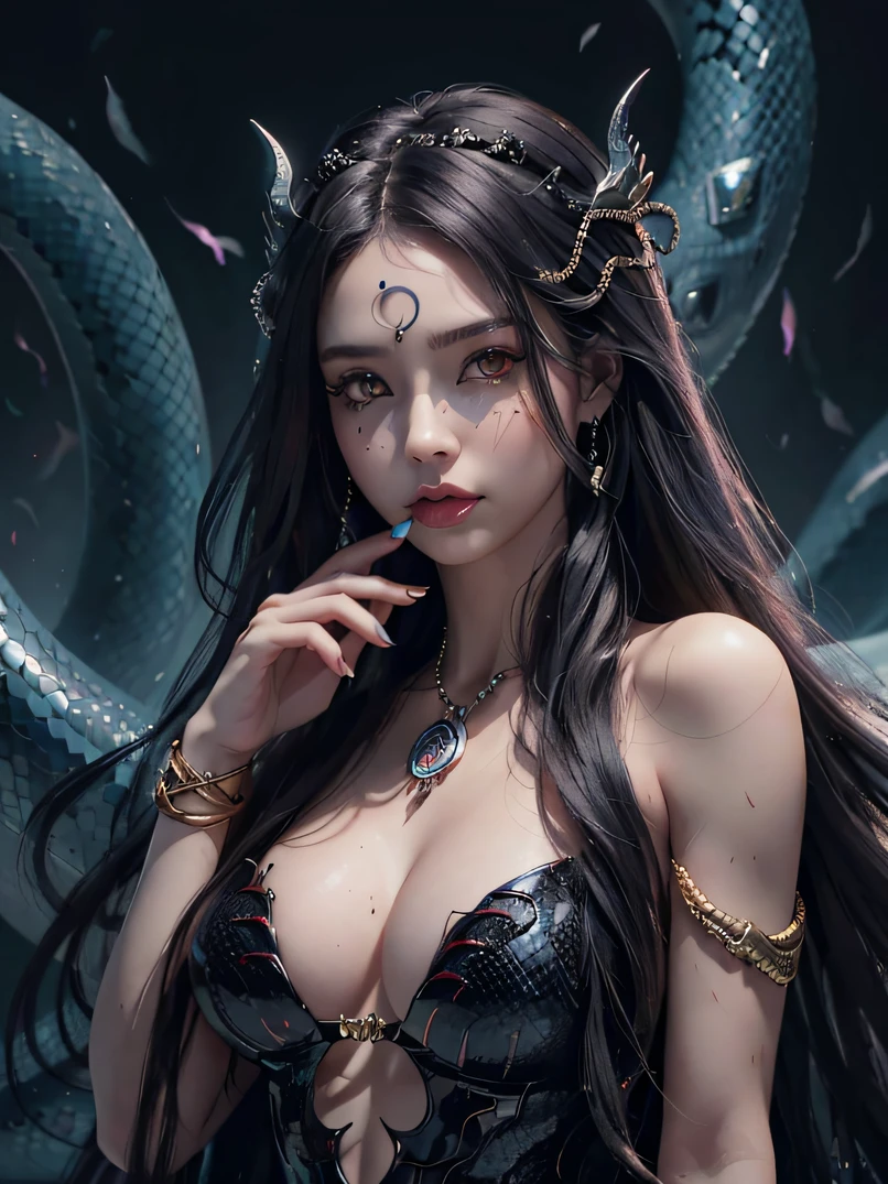 (Medusa in Greek mythology)、((Best Quality))、((masutepiece、Photorealsitic、 very detailed illustration、Clear focus、a digital rendering、proffesional))、Medusa、Snake-shaped headgear、Portrait of an adult woman、FULL BODYSHOT、Black magic style、Surrounded by smoke、face lights、detailed symmetric realistic face、Highly detailed natural textures、Snake Fang、Snake tongue、Black long nails、The body of snake scales、(Beautiful expression、A detailed face、extremely detailed eye、(Beautiful and bewitching red eyes)、snake eyes)、Female face,、Scales all over the body、large full breasts、((mermaids))、The body of a snake from the waist、(elongated snake tail)、Ultra-realistic snake scales、reflection skin、Clear focus、studio photo、ighly detailed、 Detailed eyes、Detailed hand depiction