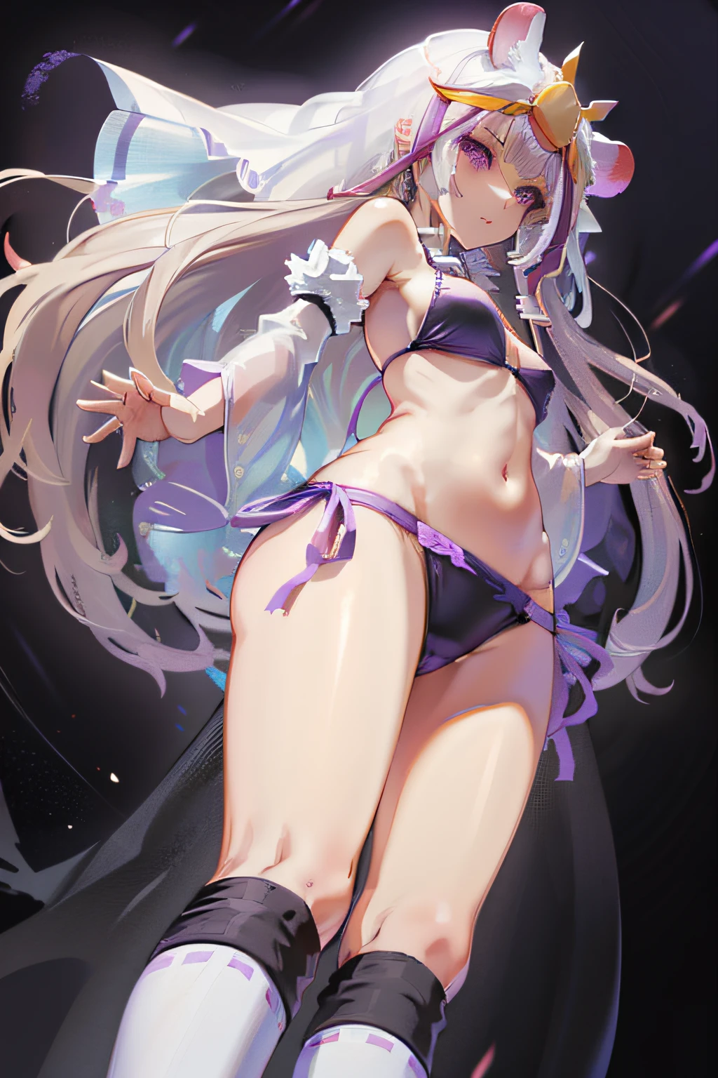 masterpiece, best quality, absurd Res, perfect anatomy, simple background, (((front views))), (((from below))), Mori Base, white long hair, veil, hair ornament, white high socks, black geta, (((Purple side string bikini))), single black thigh-high, detached sleeves, see-through sleeve, mouse close