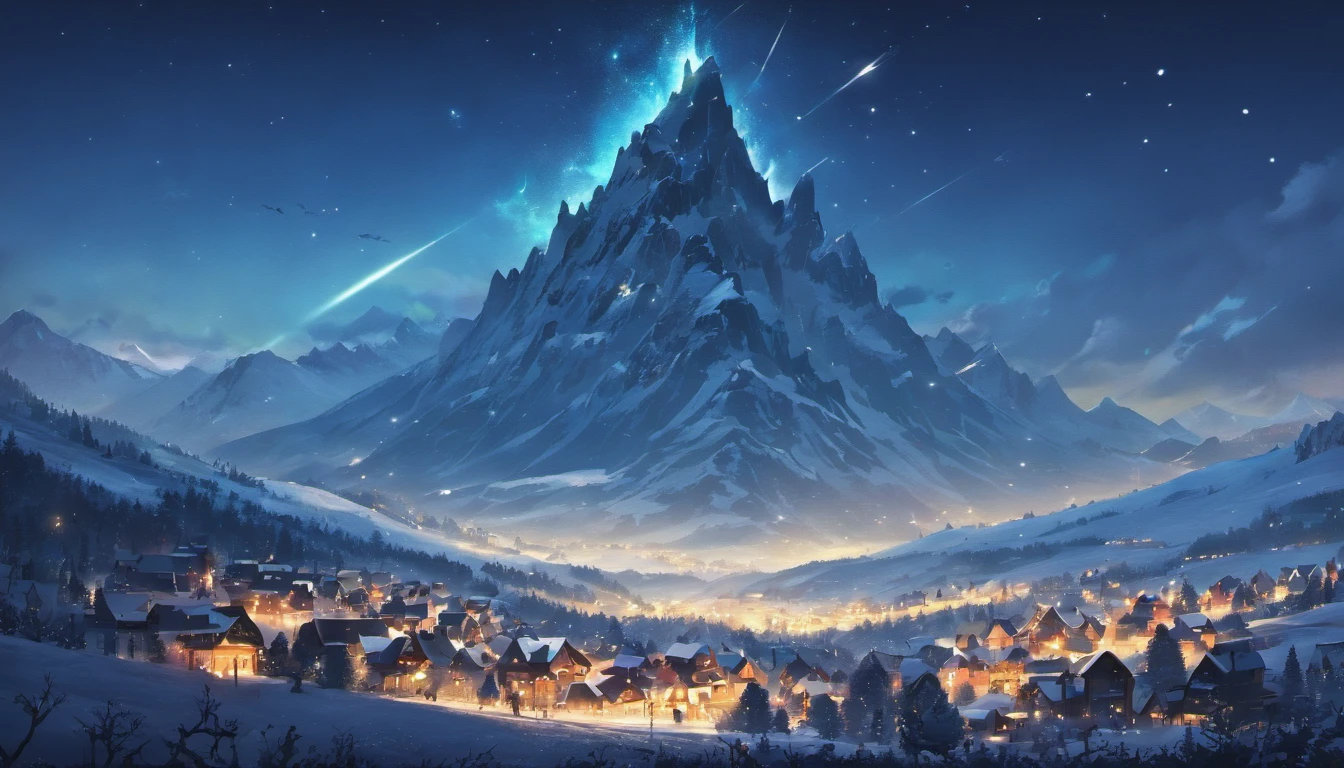 (La mejor calidad,4k,8k,Altas Resoluciones,Obra maestra:1.2),Paisaje invernal,Alpes suizos, Small Village of Medieval Europe,Pinos,Luna llena iluminando el pueblo, estrellas visibles en el cielo, nubes reboloteando, un lago congelado, epoca de invierno, Magic Sky.