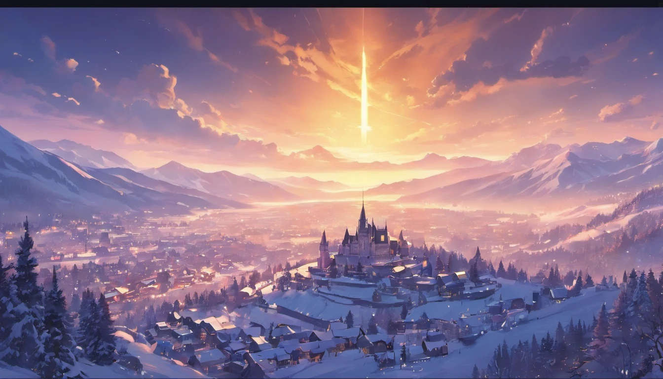 (La mejor calidad,4k,8k,Altas Resoluciones,Obra maestra:1.2),Paisaje invernal,Alpes suizos, Small Village of Medieval Europe,Pinos,Luna llena iluminando el pueblo, estrellas visibles en el cielo, nubes reboloteando, un lago congelado, epoca de invierno, Magic Sky.