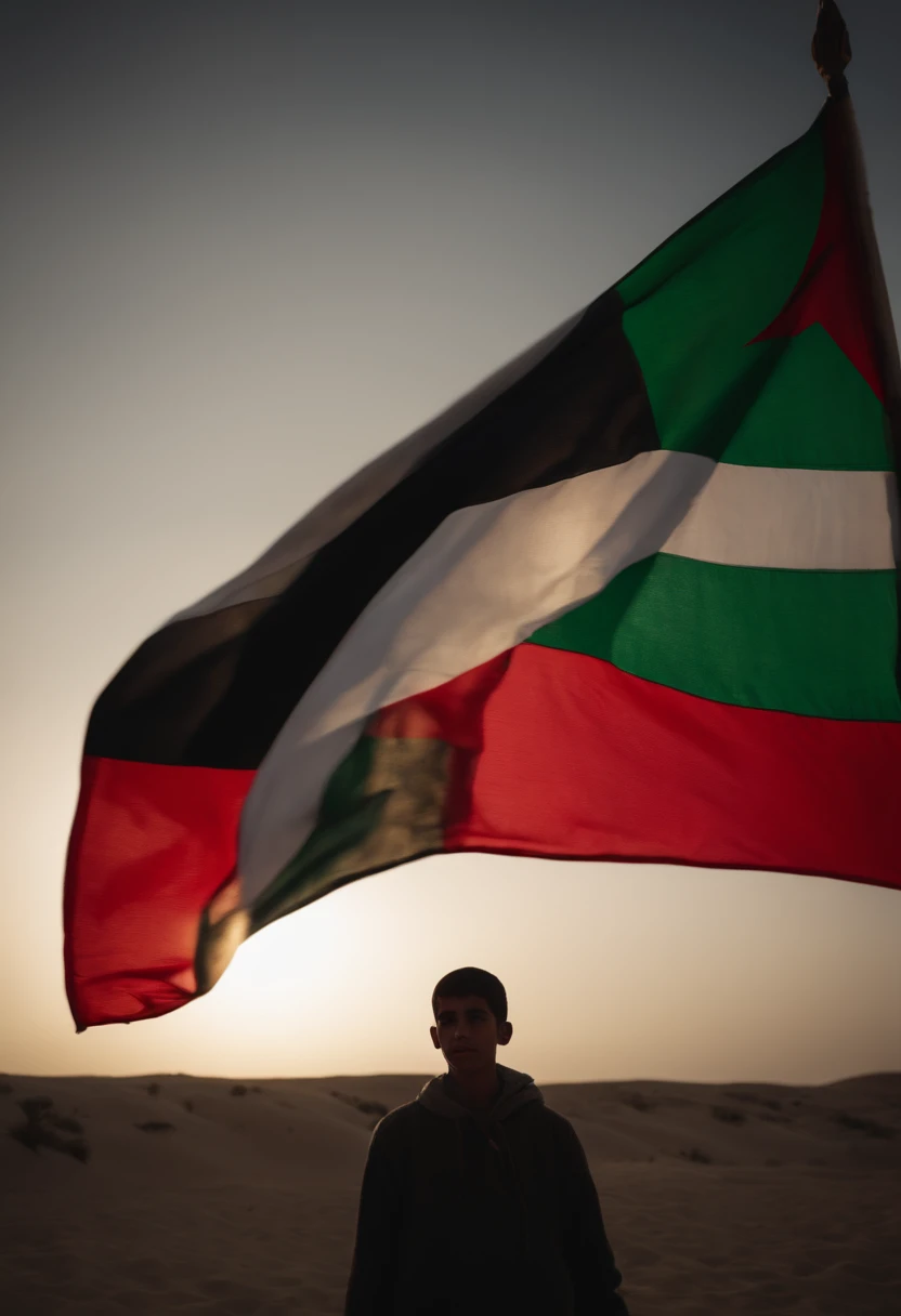 un garcon de 17 ans , muslmam , tiens un drapeau de la palestine