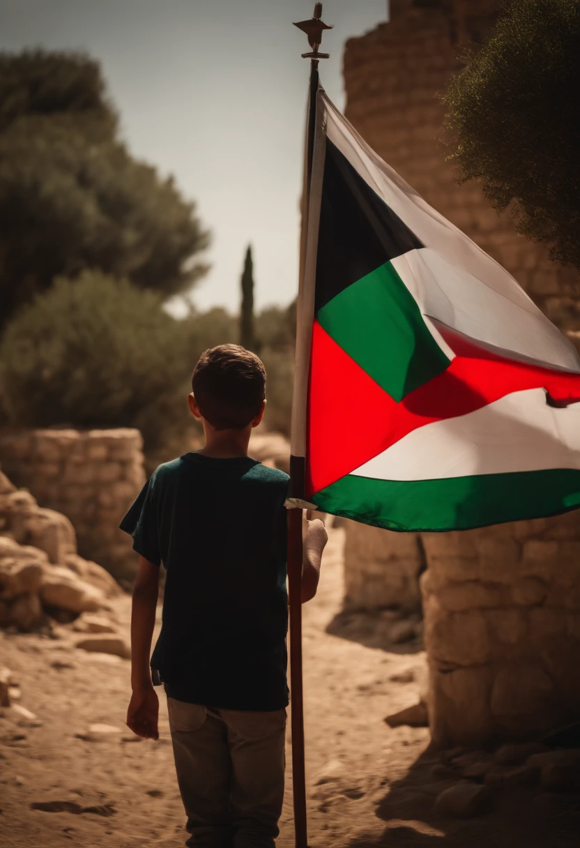 un garcon de ans , muslmam , tiens un drapeau de la palestine