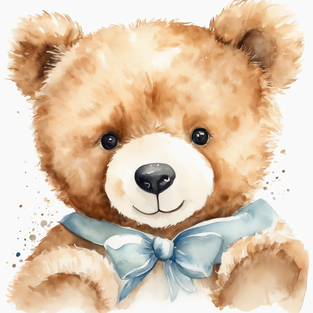 Desenho em aquarela de um teddy bear, white solid background, infantil, sorrindo, baby