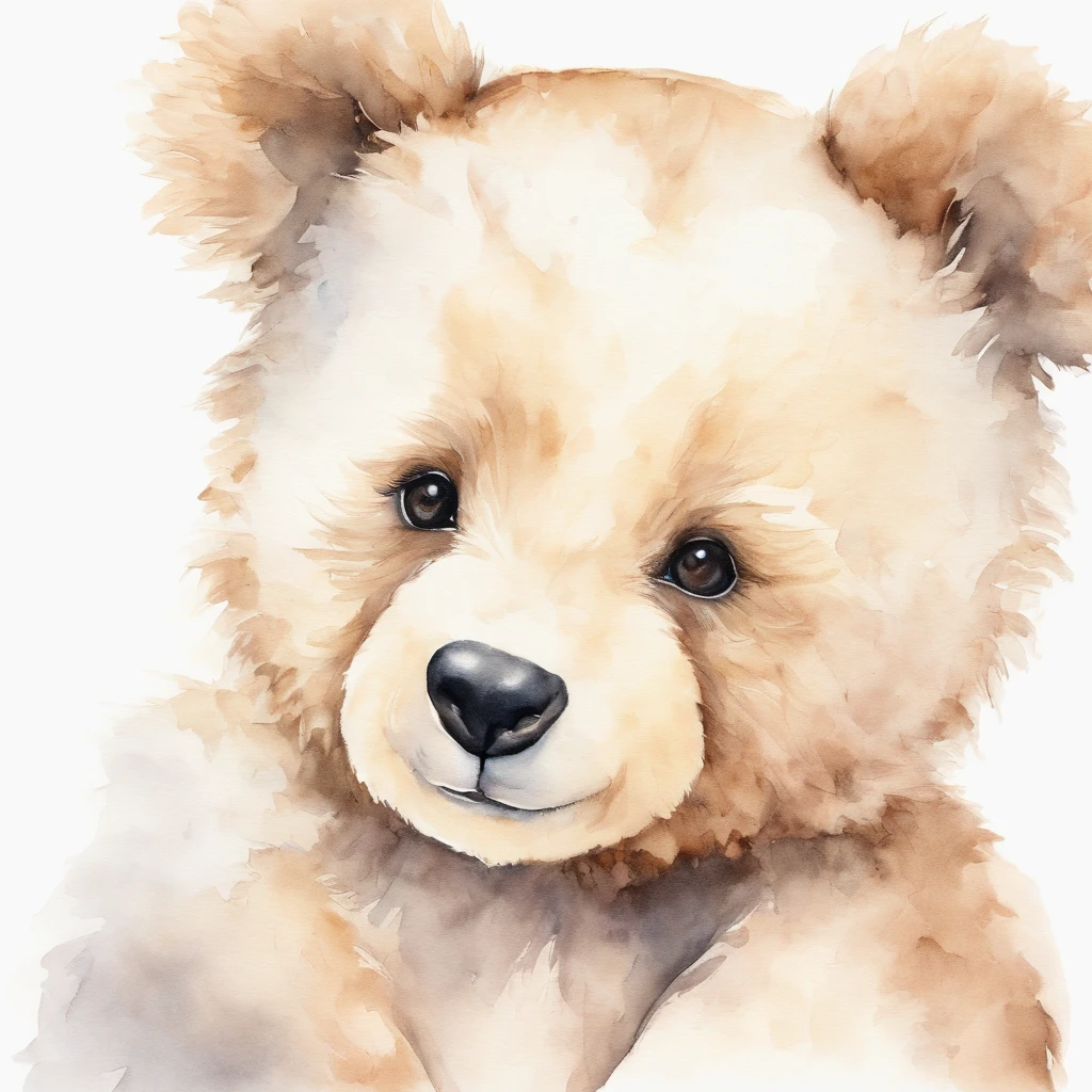 Desenho em aquarela de um teddy bear, white solid background, il, sorrindo, baby