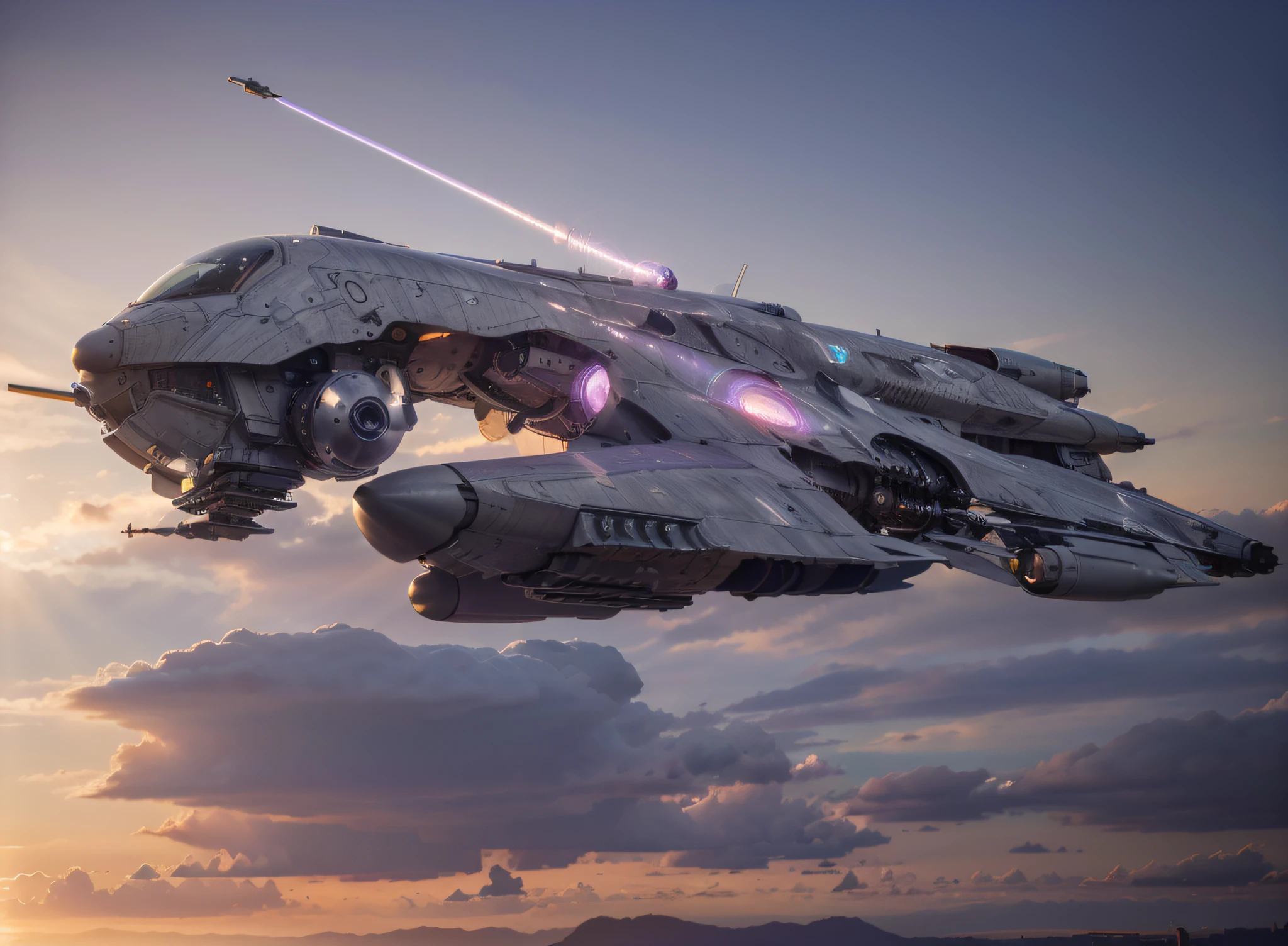 futuristic aircraft Biomechanical metallic, gray color with purple details, shoots laser rays, beautiful sunset, Ultra detailed, Hyper realistic, 4k, Ultra detailed image, realistic, Highly detailed, perfect composition, beautiful intricately detailed incredibly detailed, 8K fine art photography, hyper detailed, Masterpiece