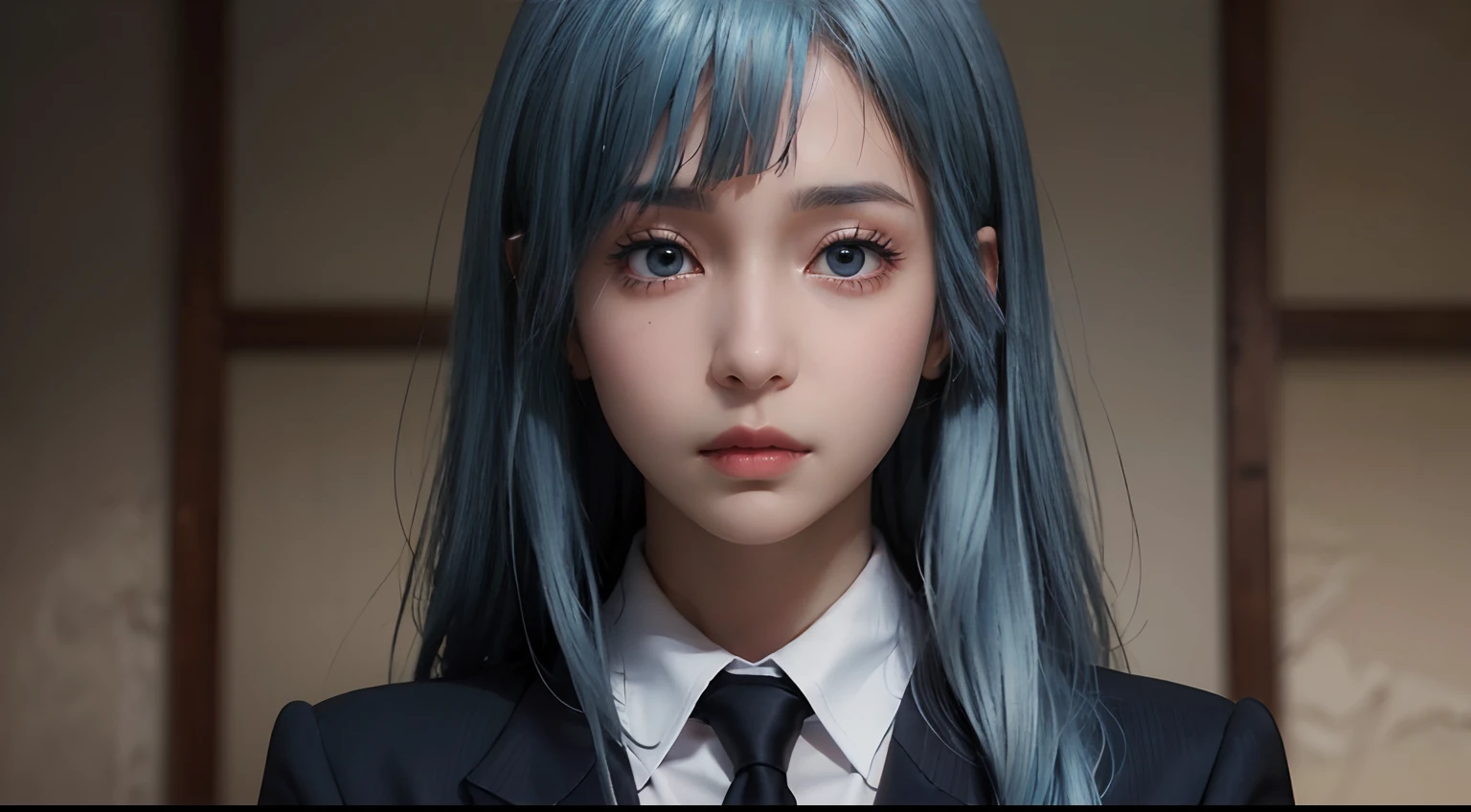 Miwa, black suit, long sleeve, black tie, light blue hair, long hair, asymmetric bangs, extremely beautiful face, exquisite face, seductive look, upper body, ((solo)), 1woman, film grain, realistic, detailed face, detailed skin, skin pores