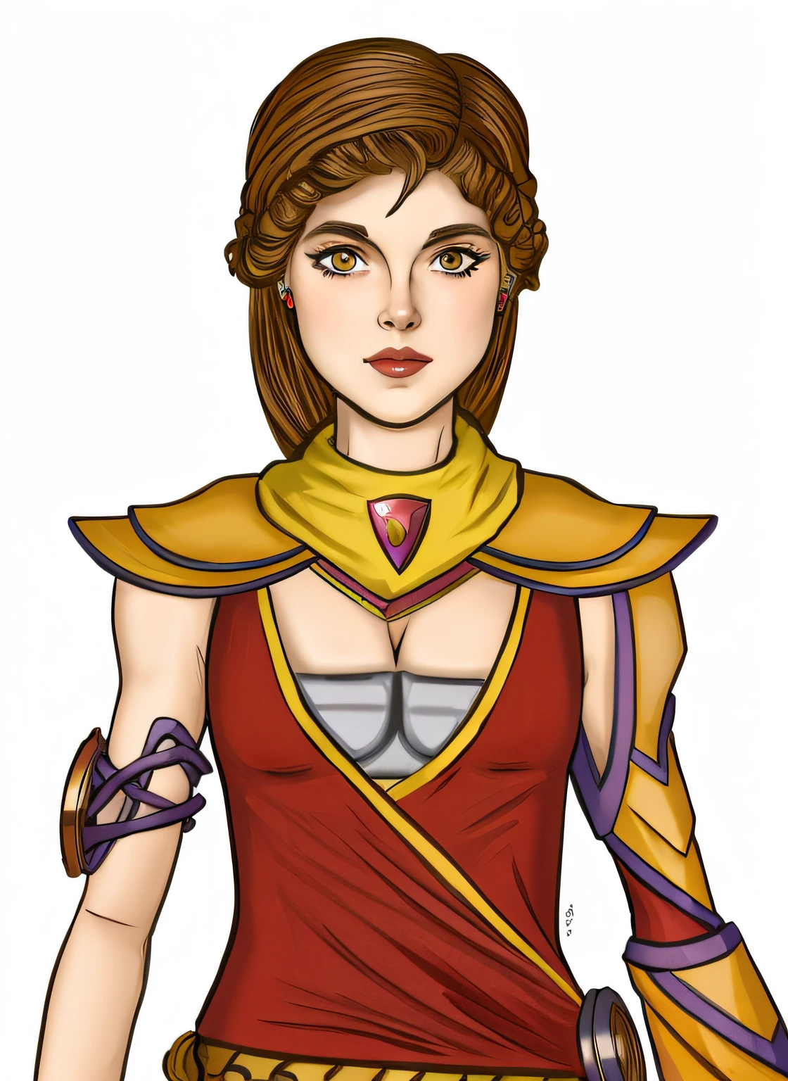 A cartoon image of a woman with a red top and yellow scarf, inspirado em Leona Wood, dwarven woman, Retrato do Paladino Feminino, inspirado em Thyrza Anne Leyshon, Fantasia D&Personagem D, Retrato de Darna Moderna, Retrato de um personagem DND, Retrato de personagem DND de corpo inteiro, female dwarf woman, Caracteres DND, Mulher meio elfa