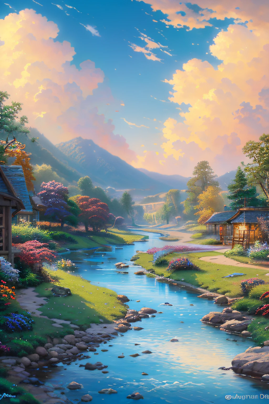 "(beautiful sky blue stream overlay scene,sky porn,puffy clouds,soft lighting,gorgeous background,beautiful sky landscape,masterpiece,best quality,beautiful graphics,high detail,Thomas Kinkade-inspired,ArtStation,bokeh sharp focus, breathtaking 8K wallpaper)"