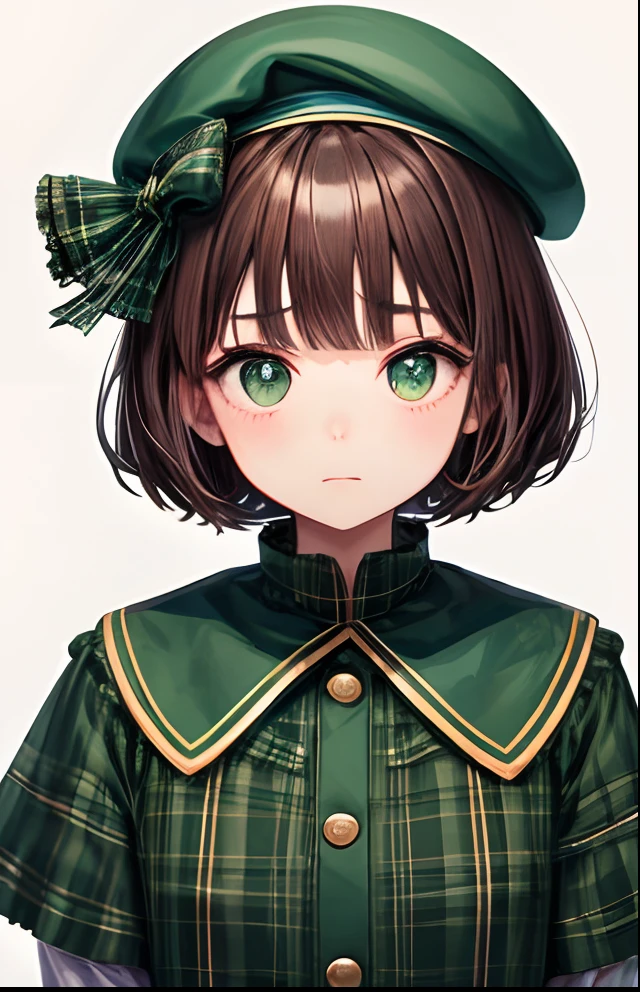 girl with、No background、without background、Background through、brown haired、Brown hair、short-cut、bob cuts、Subject bangs、Pattsun bangs、Aligned bangs、Sareme、drooping eyebrows、Takuambi、Marovi、Round eyebrows、Green eyes、green colored eyes、Red beret、bow ribbon、Plaid dress、Winters、kawaii、No background、