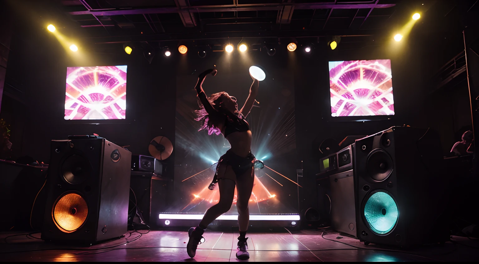 a girl dancing at a wild party,dj playing music,a dance floor filled with people,dynamic lights,electronic music vibes,vibrant and energetic atmosphere,hypnotic beats,intricate sound waves,blasting speakers,teasing and energetic rhythms,rave crowd,unstoppable energy,ecstatic dancers,swirling and flashing lights,high-tempo melodies,immersing bass drops,high-octane dancing,unleashed and captivating performance,unprecedented musical experience,booming subwoofers,turntable skills,pulsating energy (best quality,highres),neon lights,fog machine effects,euphoric moments,strobe lights,synchronized visuals,massive drops and builds,dance classics remixes,vivid colors,visual and auditory extravaganza