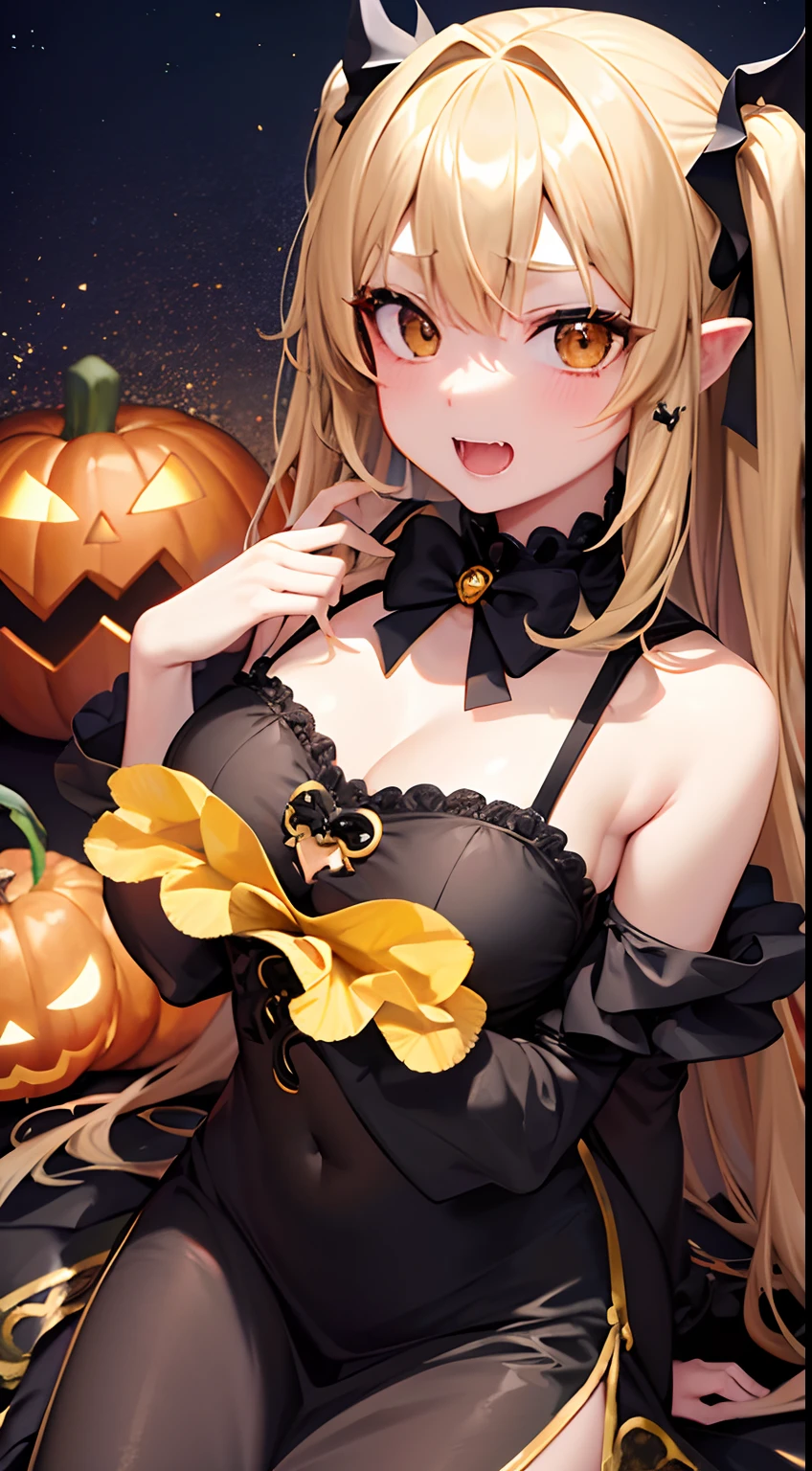 hight resolution、hightquality、ultra-detailliert、8k wallpaper、1人の女性、adult-like、Beautiful fece、Shark costume、Teeth are shark fangs、Kamimei、Melancholy is in the air、Lovers feeling、Be loved、Familiarity、Gold and black dress、Gold and black background、a blond、Sprinkled with Halloween pumpkins、opulent