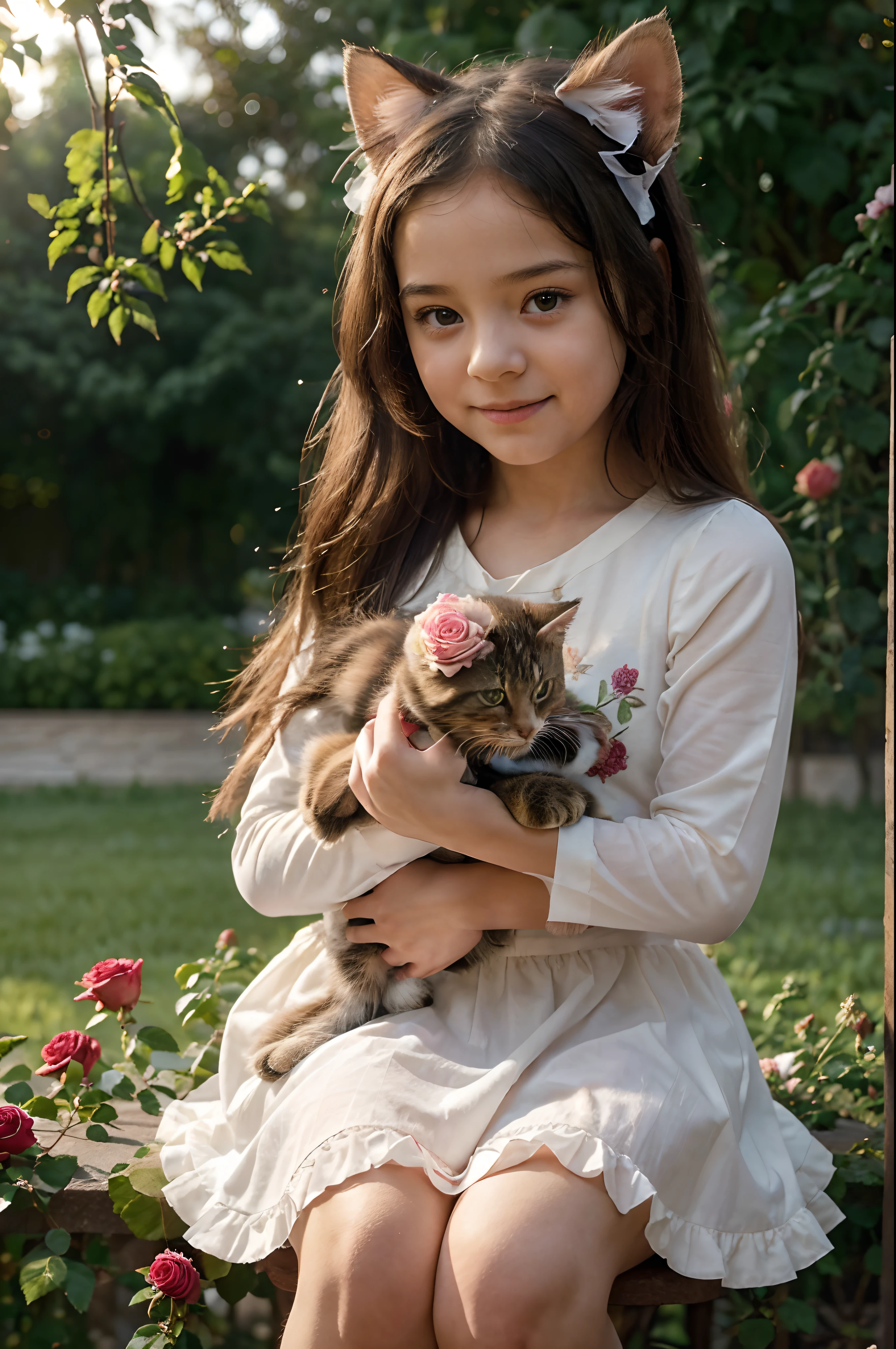 Produce a highly realistic and detailed AI image of a delightful girl, approximately 6 years stunning rose garden. The garden should be filled with blooming roses of various colors and sizes. The soft afternoon sun should illuminate the scene, creating gentle shadows and highlighting the details of the petals and leaves. The little girl sho wearing a pastel-toned dress and holding a bouquet of roses in one hand, with the other hand gently petting her kitten, which is playfully darting around her legs. The kitten should be depicted with incredible detail, showcasing its fur and expressions as it plays and leaps among the roses. The little girl's expressould convey joy and serenity as she enjoys her time in the marvelous rose garden with her faithful feline friend