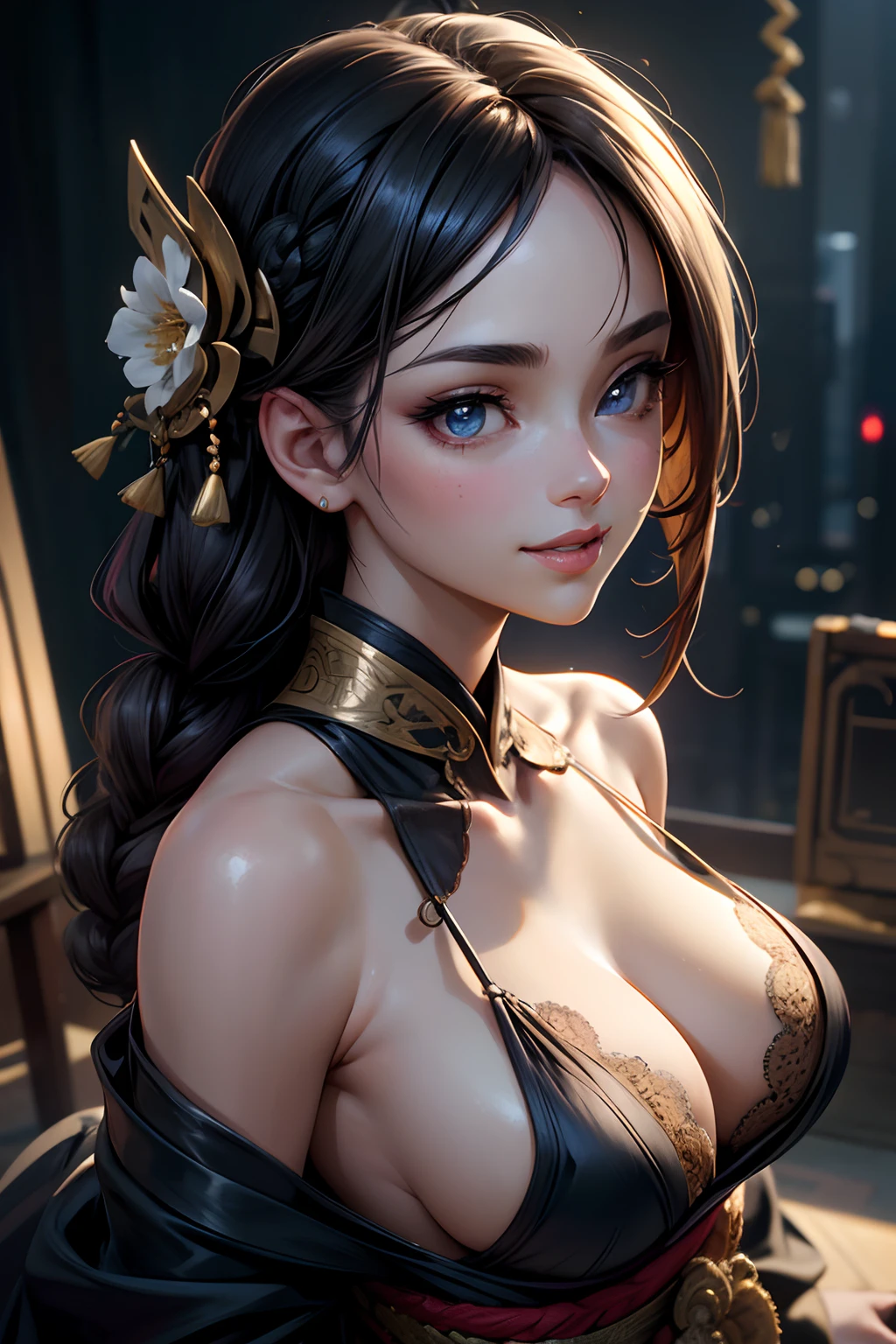 A beautiful flirtatiously smiling woman, a very busty ronin wearing gold lace kimono, Meiji restoration, blue eyes, yojimbo, cleavage, bare shoulders, HD, UHD, WLOP, Artgerm, French braid hairstyle, a view from the side and above,  large anime eyes, realistic eyes, highly detailed eyes, natural skin, natural skin texture, subsurface scattering, muted colors, skin pores, perfect face, perfect eyes, perfect full lips, supple female form, vivid, cinematic, Film light, Hyper detailed, Hyper-realistic, masterpiece, atmospheric, High resolution, Vibrant, High contrast, dark angle, 8k, HDR, 500px, Art by Redjuice