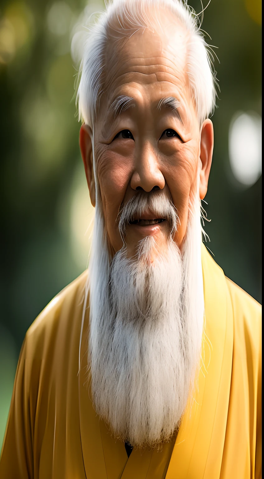 old man，Asian people，Frontal photo，Wearing a yellow kimono，Long white beard，8K pixels，Background bokeh