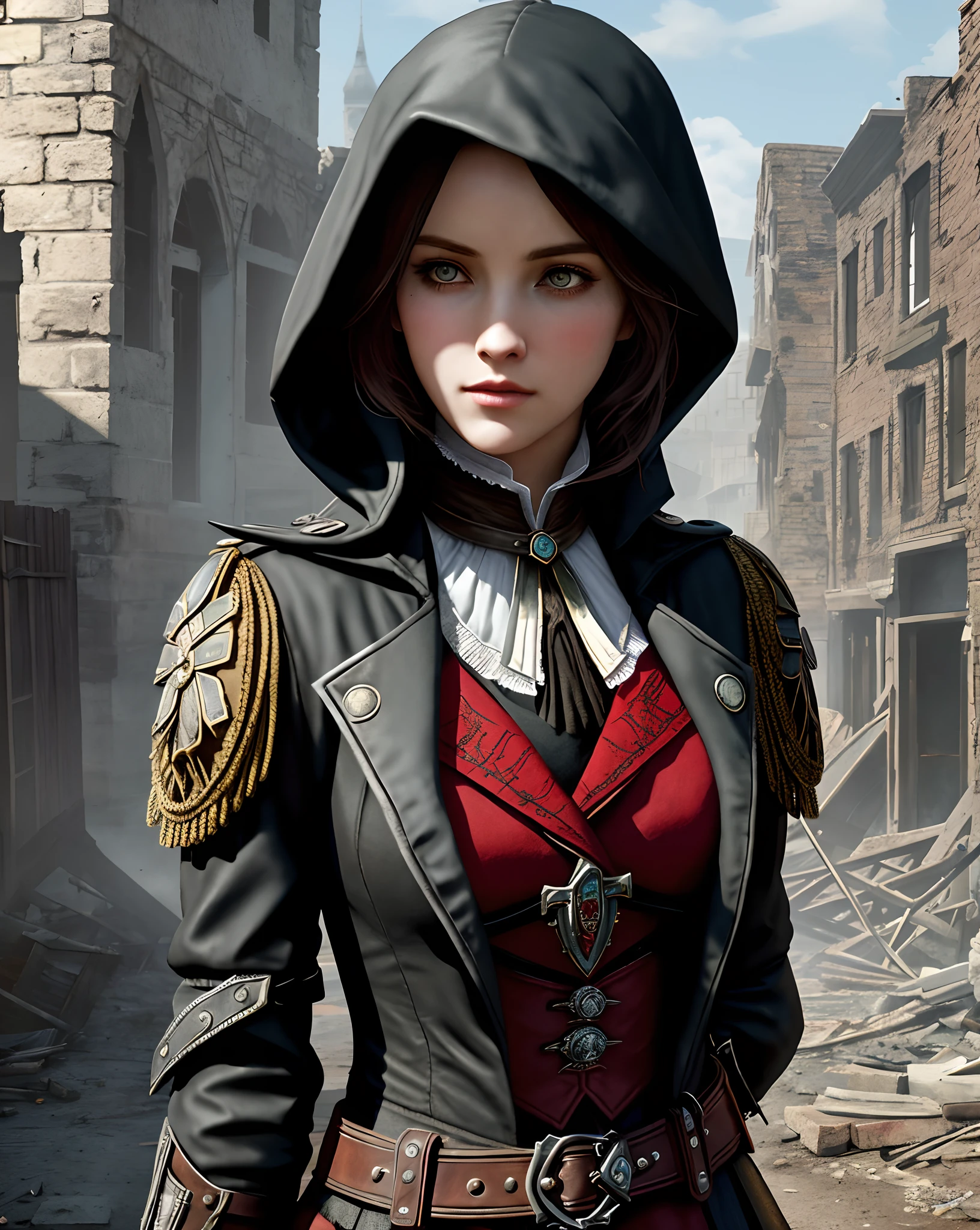 Create an Assassin’s Creed Concept Art piece inspired by the victorian london era and by assassin's creed syndiacte.Crafted in the style of ultra-realistic visuals with meticulous attention to detail. Portray Evie from assassin's creed syndicate from victorian london adorned in a worn Victorian steampunk uniform, her face obscured by a pointed hood. Set the scene amidst the haunting aftermath of a battlefield, showcasing the devastation and destruction left in the wake of war. Emphasize the realism and intricacy of the environment, capturing the gritty textures, shattered structures, and somber atmosphere in stunning 16K resolution. Close up photos,bust up photos