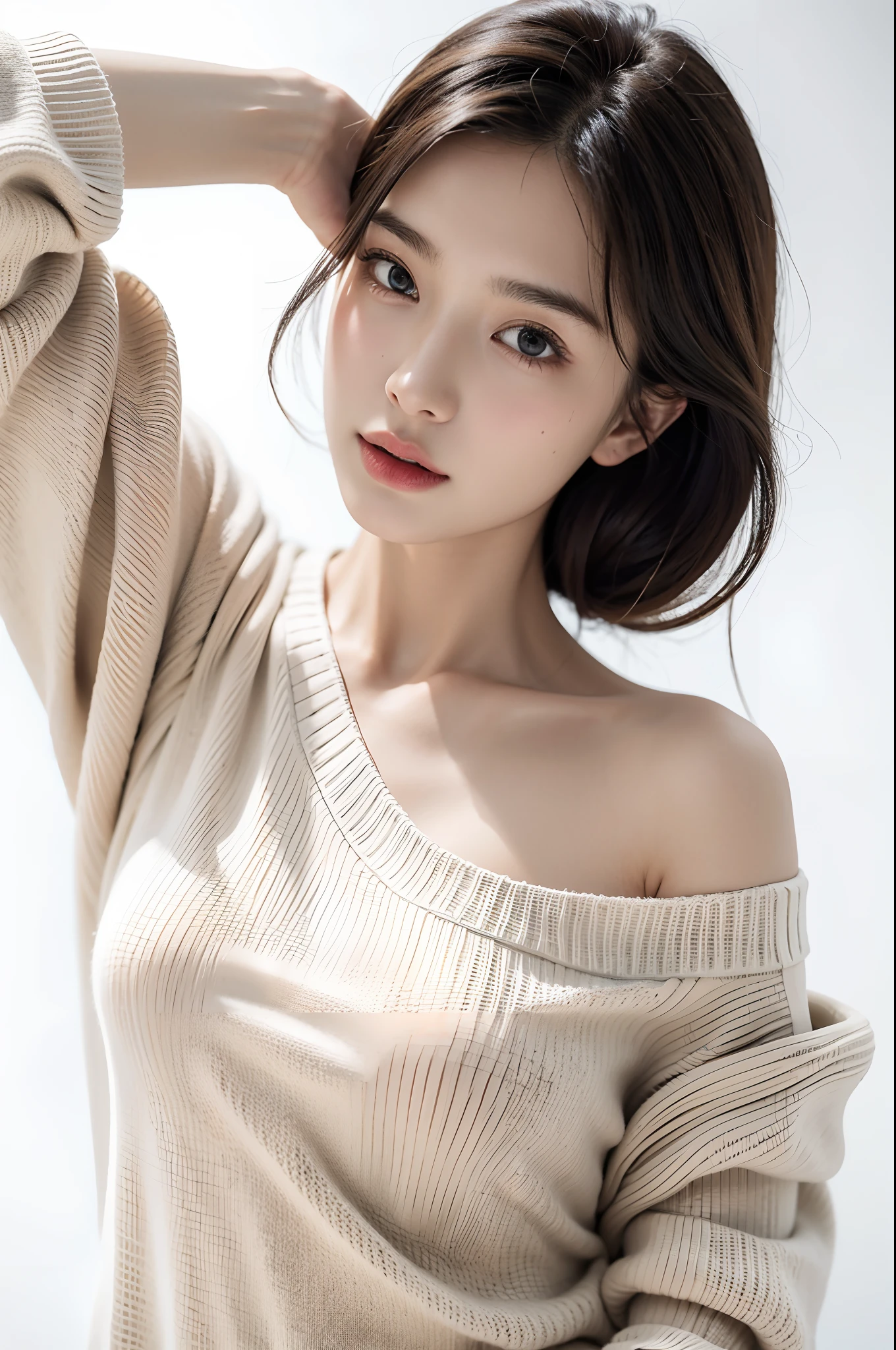 Best quality, masterpiece, ultra high res, (photorealistic:1.4), raw photo, 1girl, sweater, white background,
