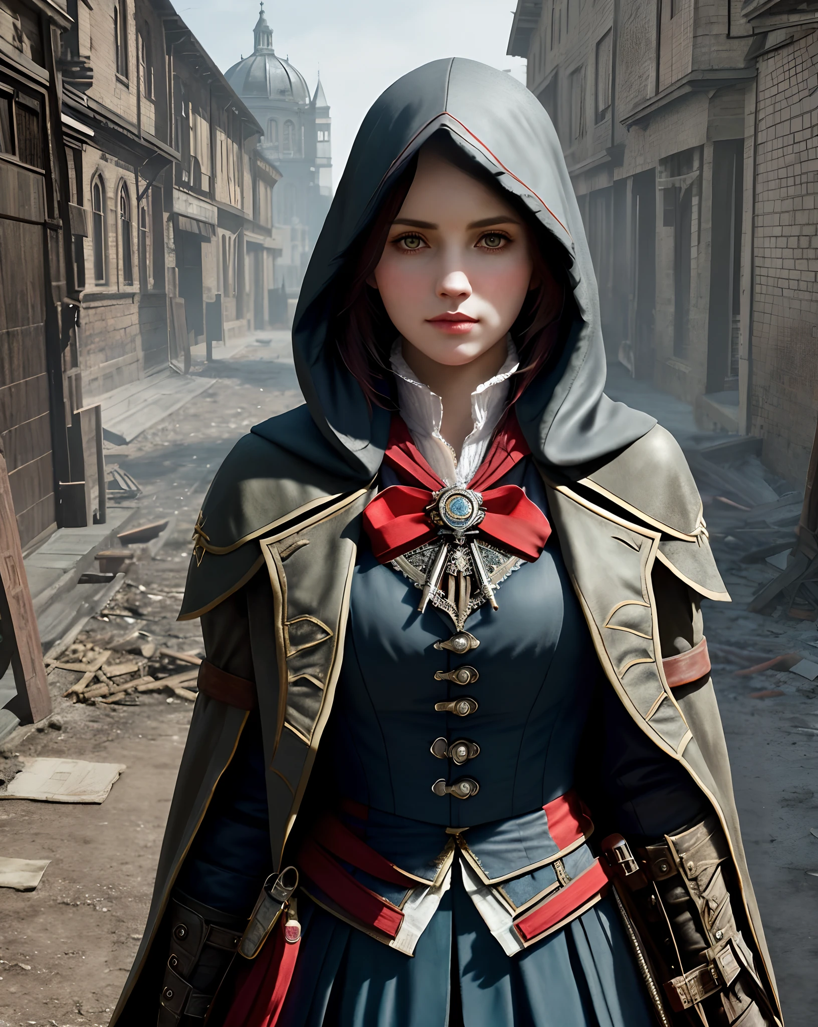 Create an Assassin’s Creed Concept Art piece inspired by the victorian london era and by assassin's creed syndiacte.Crafted in the style of ultra-realistic visuals with meticulous attention to detail. Portray Evie from assassin's creed syndicate from victorian london adorned in a worn Victorian steampunk uniform, her face obscured by a pointed hood. Set the scene amidst the haunting aftermath of a battlefield, showcasing the devastation and destruction left in the wake of war. Emphasize the realism and intricacy of the environment, capturing the gritty textures, shattered structures, and somber atmosphere in stunning 16K resolution. Close up photos,bust up photos
