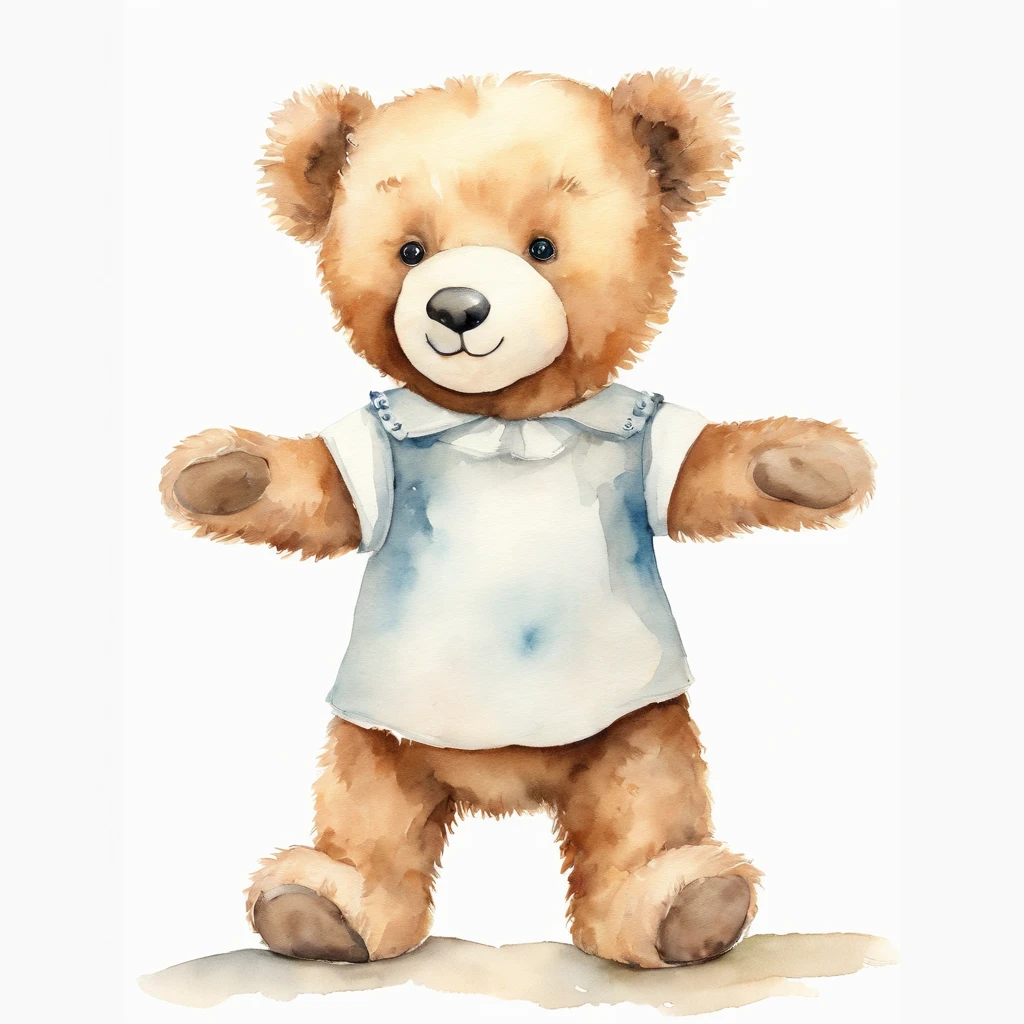 Watercolor drawing of a teddy bear without accessories, standing on her feet, white solid background, il, sorrindo, baby