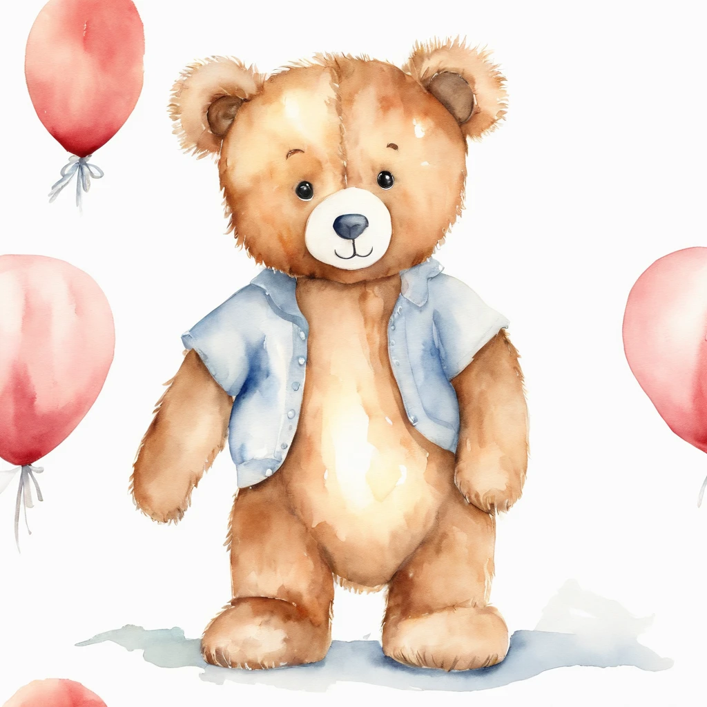 Watercolor drawing of a teddy bear without accessories, standing on her feet, white solid background, il, sorrindo, baby