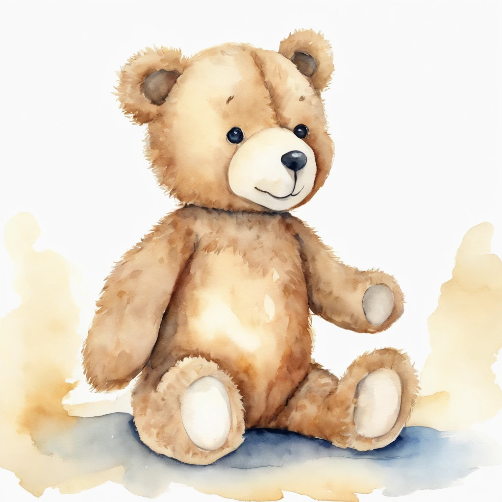 Watercolor drawing of a teddy bear without accessories, standing on her feet, white solid background, infantil, sorrindo, baby