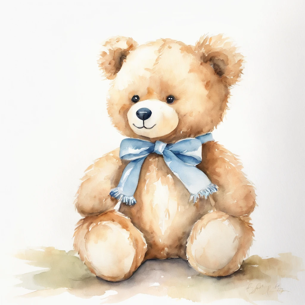 Watercolor drawing of a teddy bear without accessories, standing on her feet, white solid background, infantil, sorrindo, baby