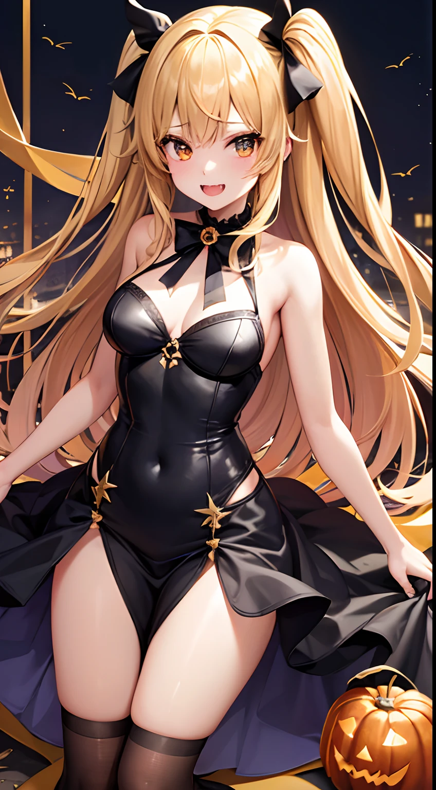 hight resolution、hightquality、ultra-detailliert、8k wallpaper、1人の女性、adult-like、Beautiful fece、Shark costume、Teeth are shark fangs、Kamimei、Melancholy is in the air、Lovers feeling、Be loved、Familiarity、Gold and black dress、Gold and black background、a blond、Sprinkled with Halloween pumpkins、opulent