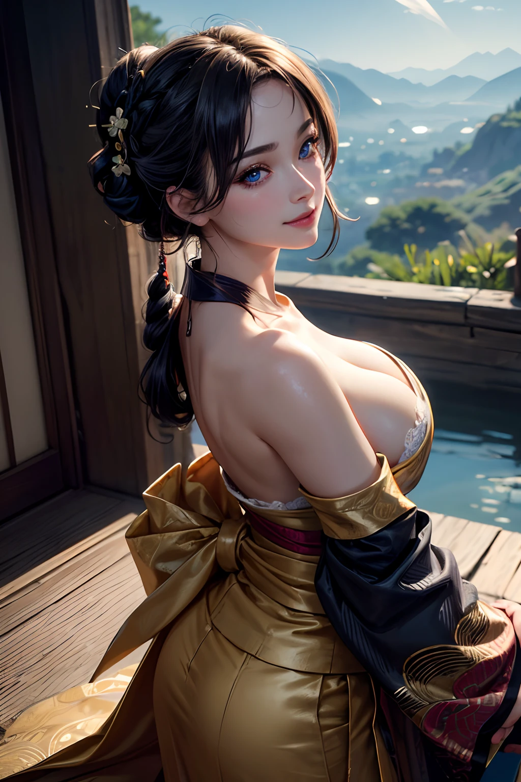 A beautiful flirtatiously smiling woman, a very busty ronin wearing gold lace kimono, Meiji restoration, blue eyes, yojimbo, cleavage, bare shoulders, HD, UHD, WLOP, Artgerm, French braid hairstyle, a view from the side and above,  large anime eyes, realistic eyes, highly detailed eyes, natural skin, natural skin texture, subsurface scattering, muted colors, skin pores, perfect face, perfect eyes, perfect full lips, supple female form, vivid, cinematic, Film light, Hyper detailed, Hyper-realistic, masterpiece, atmospheric, High resolution, Vibrant, High contrast, dark angle, 8k, HDR, 500px, Art by Redjuice