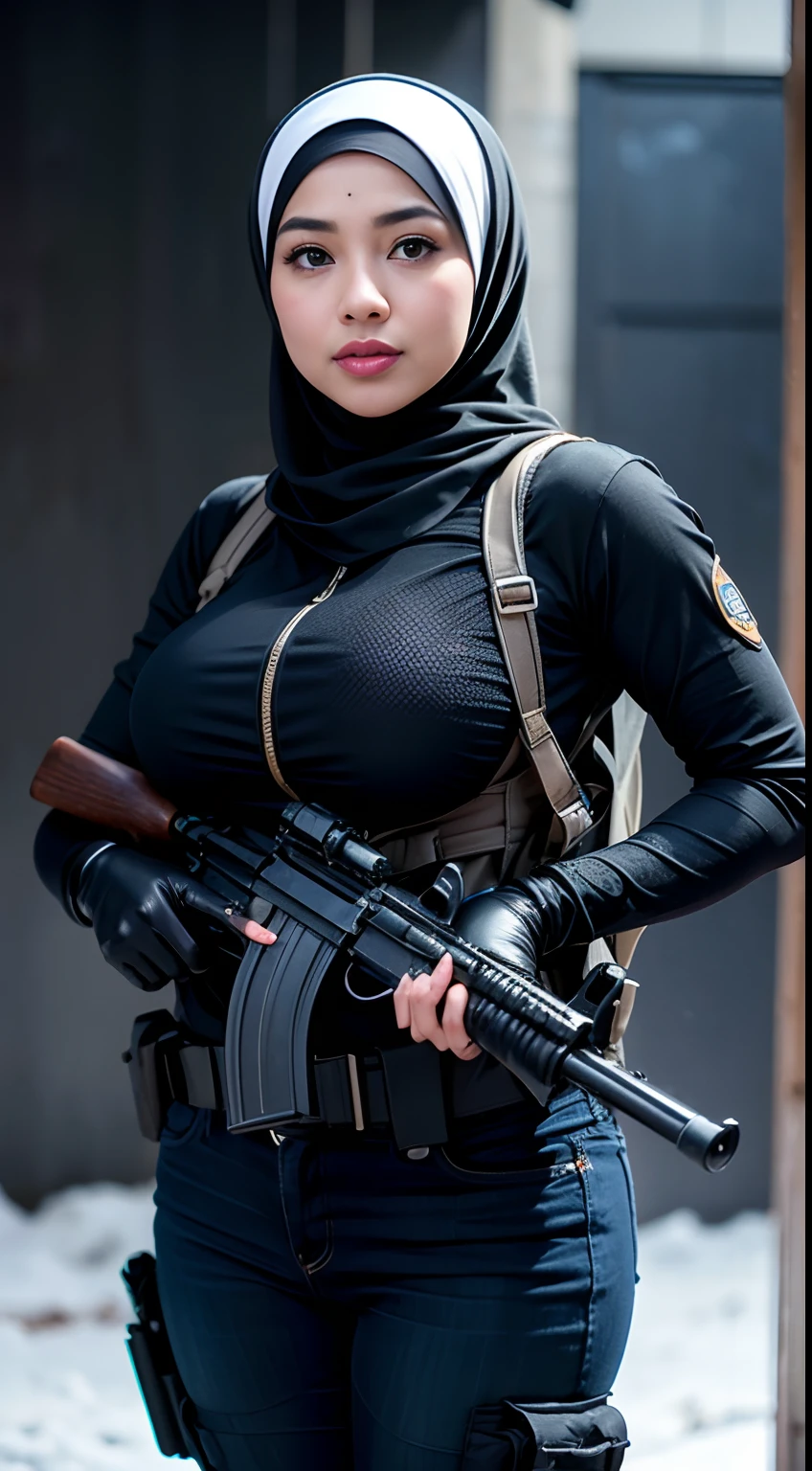 RAW, Best quality, high resolution, Masterpiece: 1.3), Beautiful Malay woman in hijab, Masterpiece, Perfect slim body, ((Big breasts)), Beautiful big eyes, watery eyes, Soft smile, ((best quality)), ( masterpiece), photorealistic, photorealism, 1 malay girl, hijap and aiming with an ak-47 assault rifle, Photorealistic, high resolution, Snow background, looking at the camera, (Detailed face), SWAT vest, Weapons, jewelry, black gloves , sunglasses on Head, Fingers clogged