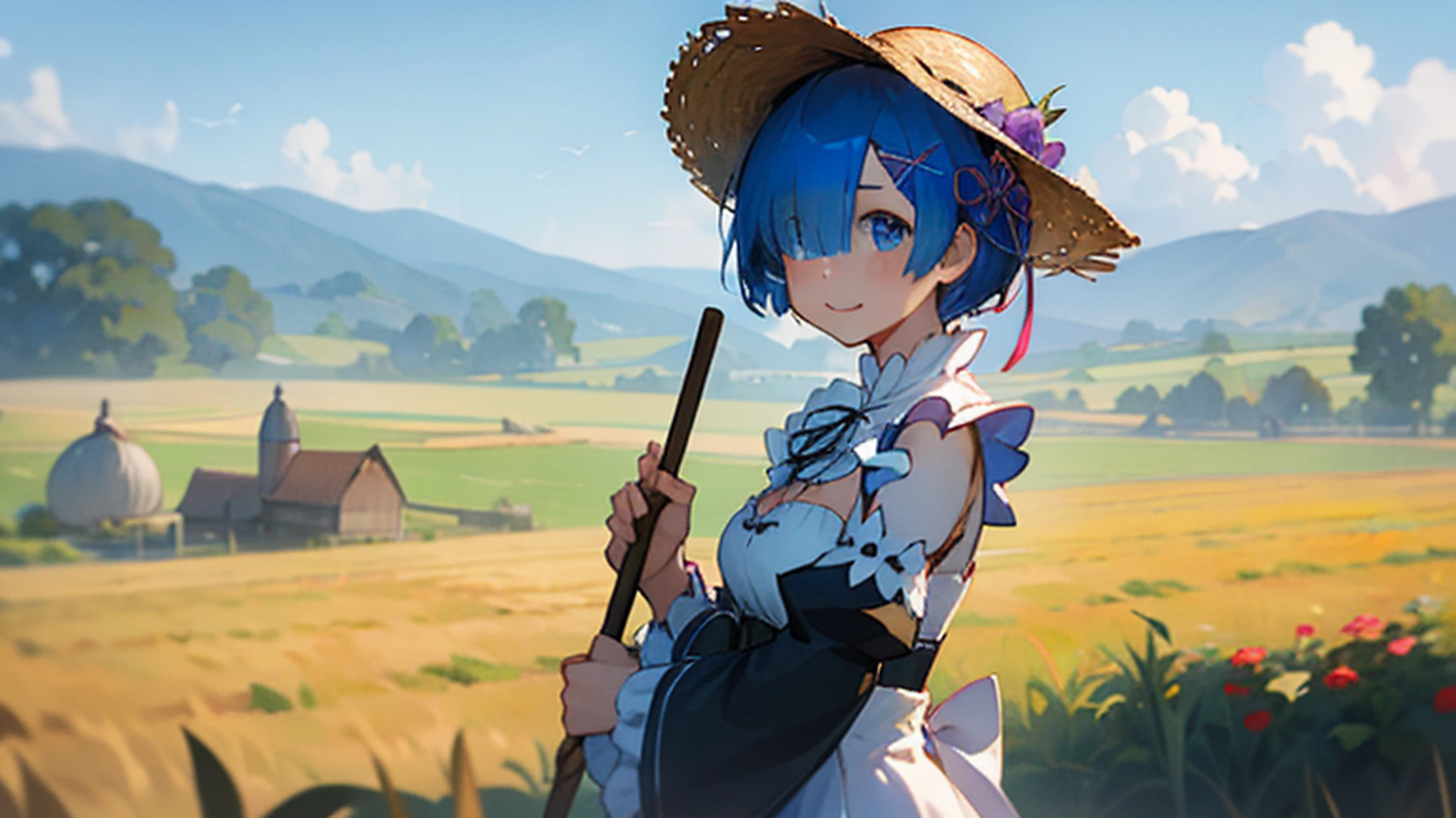 1girl, rem_re_zero, blue hair, short hair, farmgirl clothes, straw hat, farmer, traditional venezuelan clothing, masterpiece, best quality