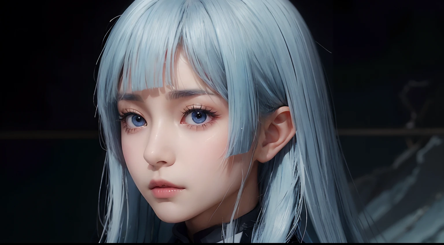 Miwa, black suit, long sleeve, black tie, light blue hair, long hair, asymmetric bangs, extremely beautiful face, exquisite face, seductive look, upper body, ((solo)), 1woman, film grain, realistic, detailed face, detailed skin, skin pores, ((symmetric eyes))