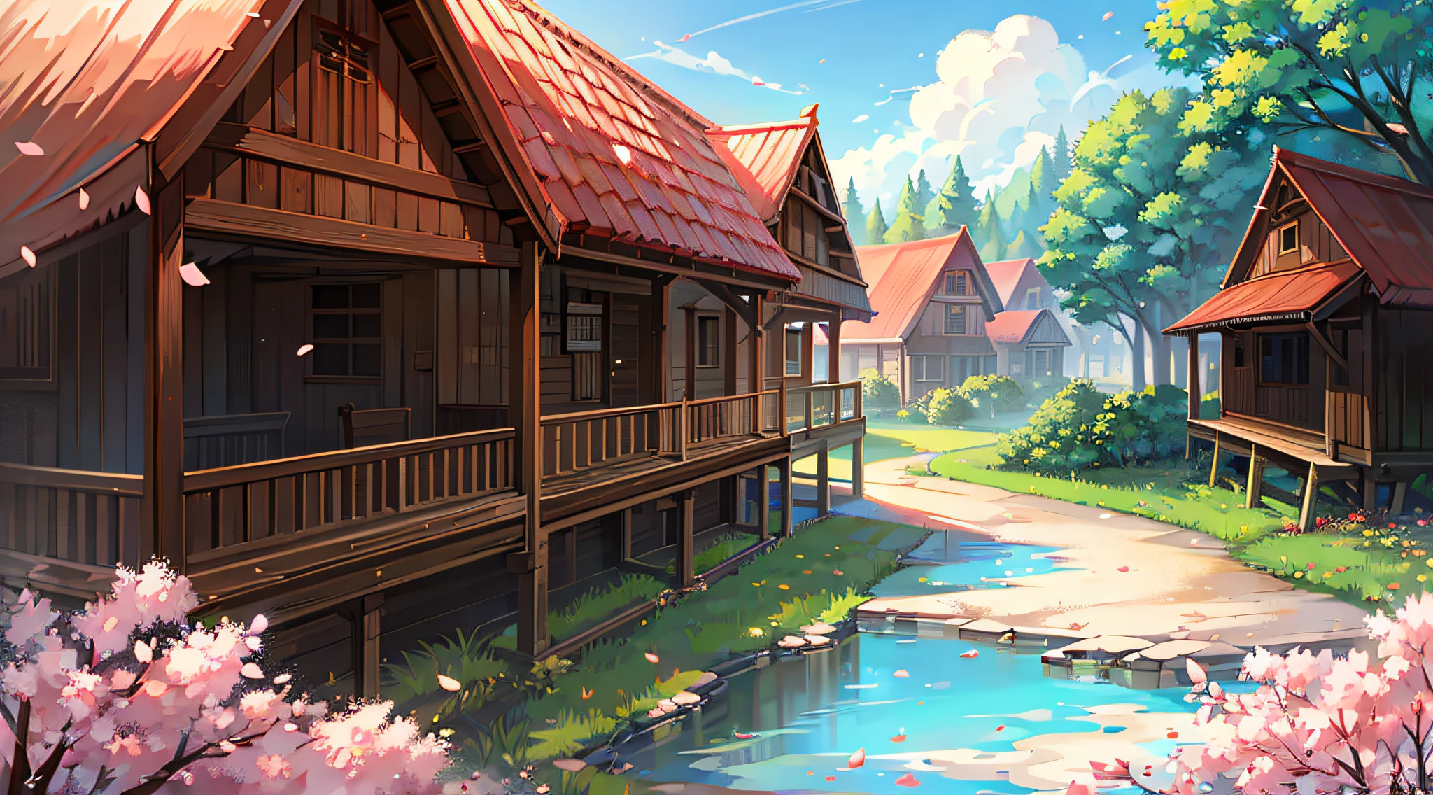 Green meadows,suns,Wooden house in the distance,Pear blossom tree,Peach blossom tree,falling flower petals,clear blue skies,florals
